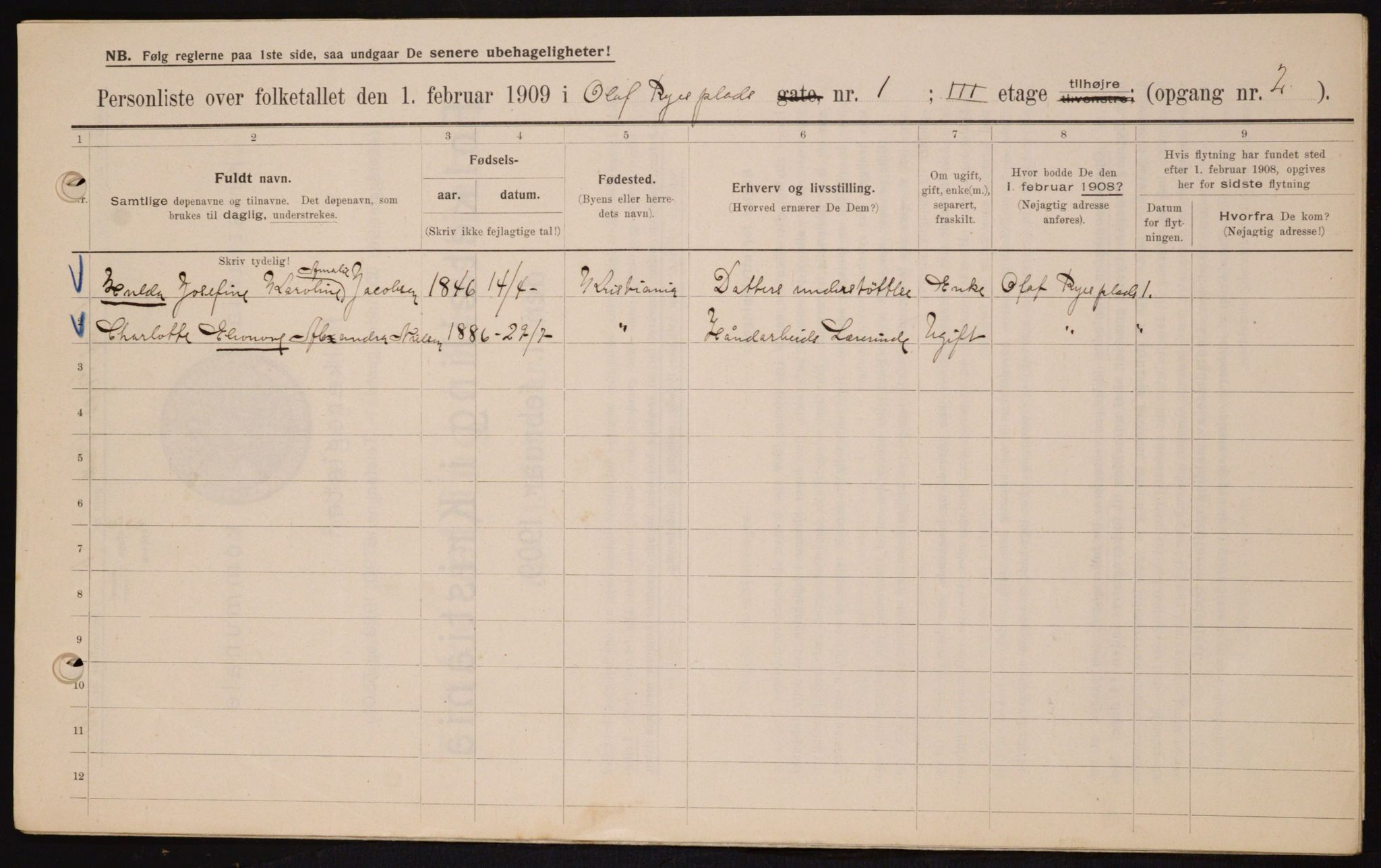 OBA, Municipal Census 1909 for Kristiania, 1909, p. 67899