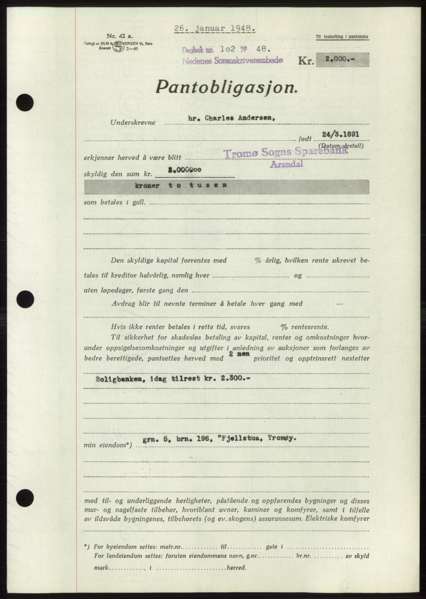 Nedenes sorenskriveri, AV/SAK-1221-0006/G/Gb/Gbb/L0005: Mortgage book no. B5, 1948-1948, Diary no: : 102/1948