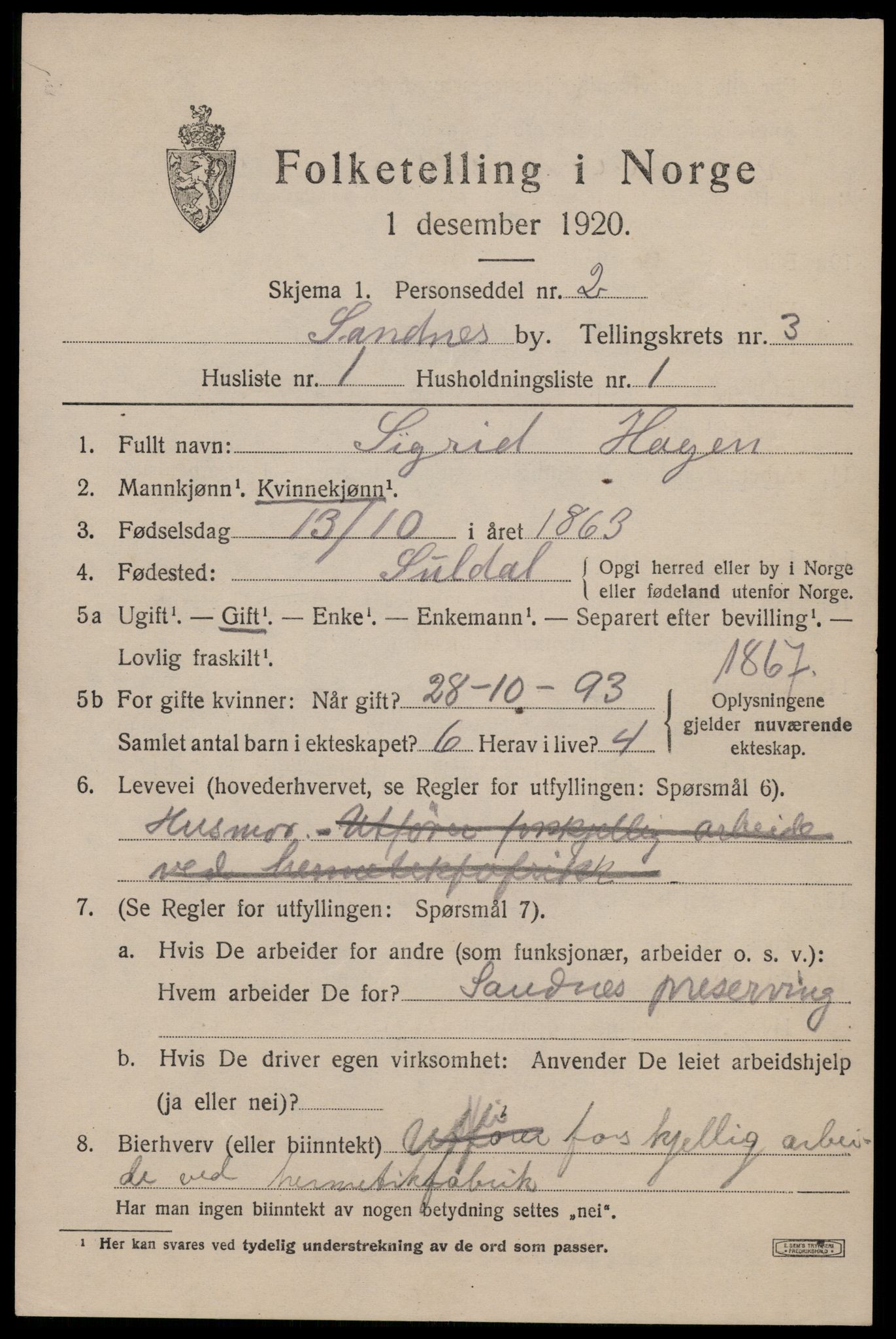 SAST, 1920 census for Sandnes, 1920, p. 3658