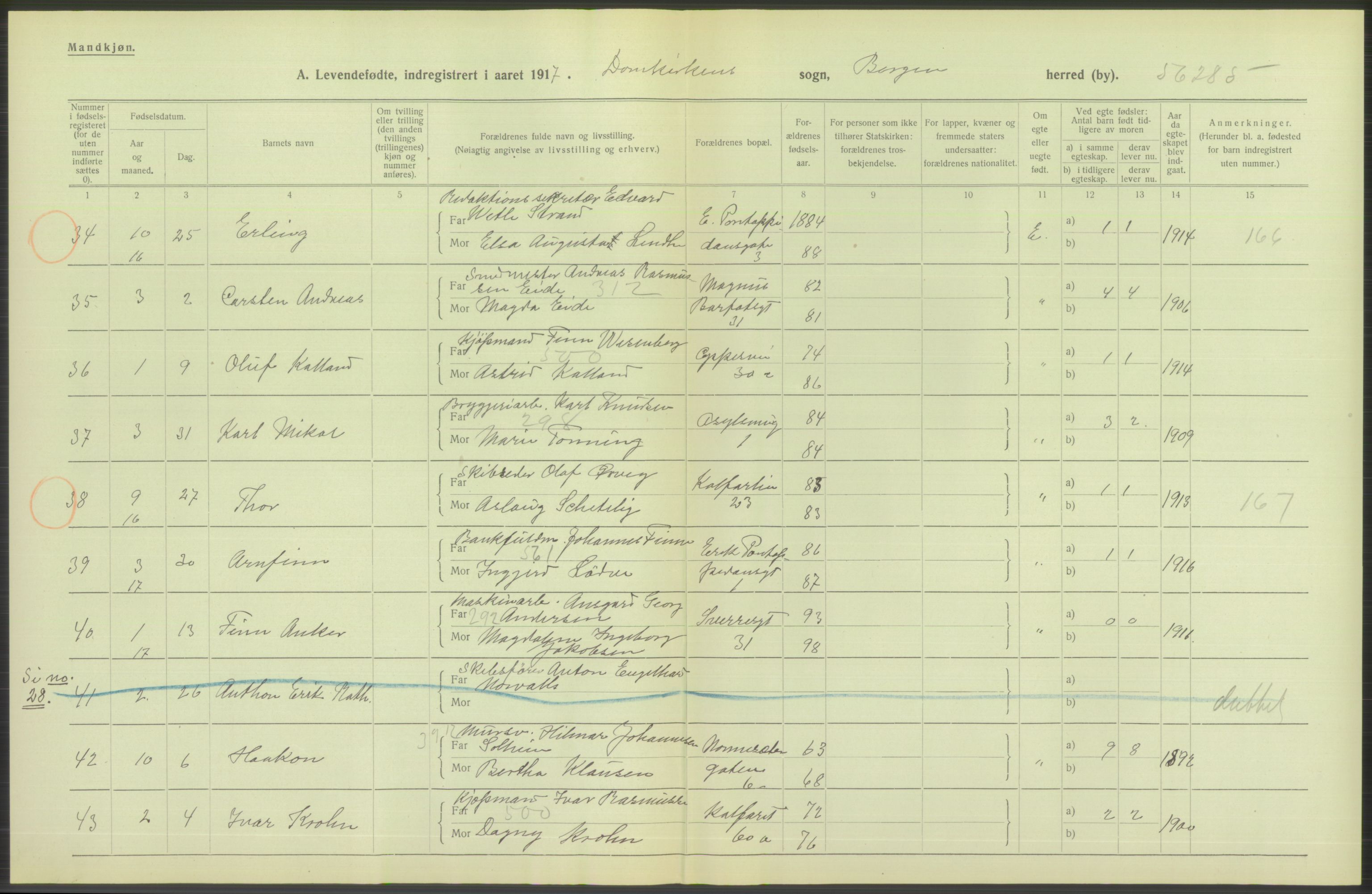 Statistisk sentralbyrå, Sosiodemografiske emner, Befolkning, AV/RA-S-2228/D/Df/Dfb/Dfbg/L0037: Bergen: Levendefødte menn og kvinner., 1917, p. 54