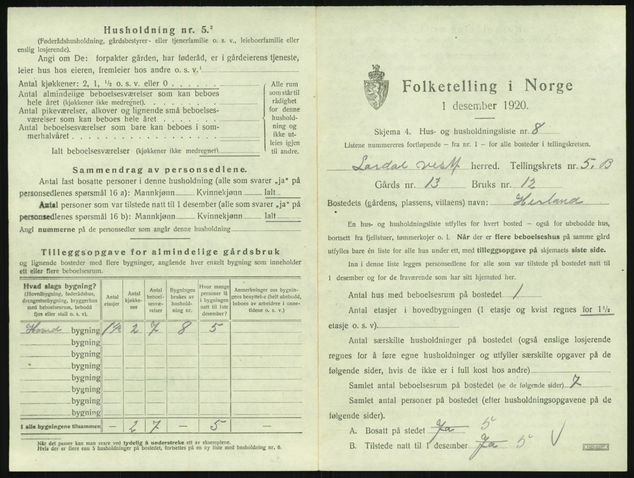 SAKO, 1920 census for Lardal, 1920, p. 835