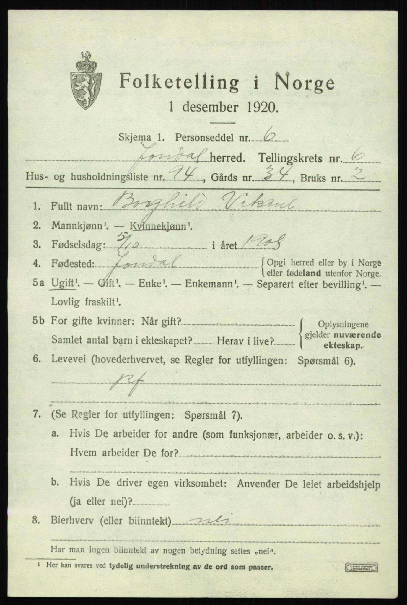 SAB, 1920 census for Jondal, 1920, p. 3742