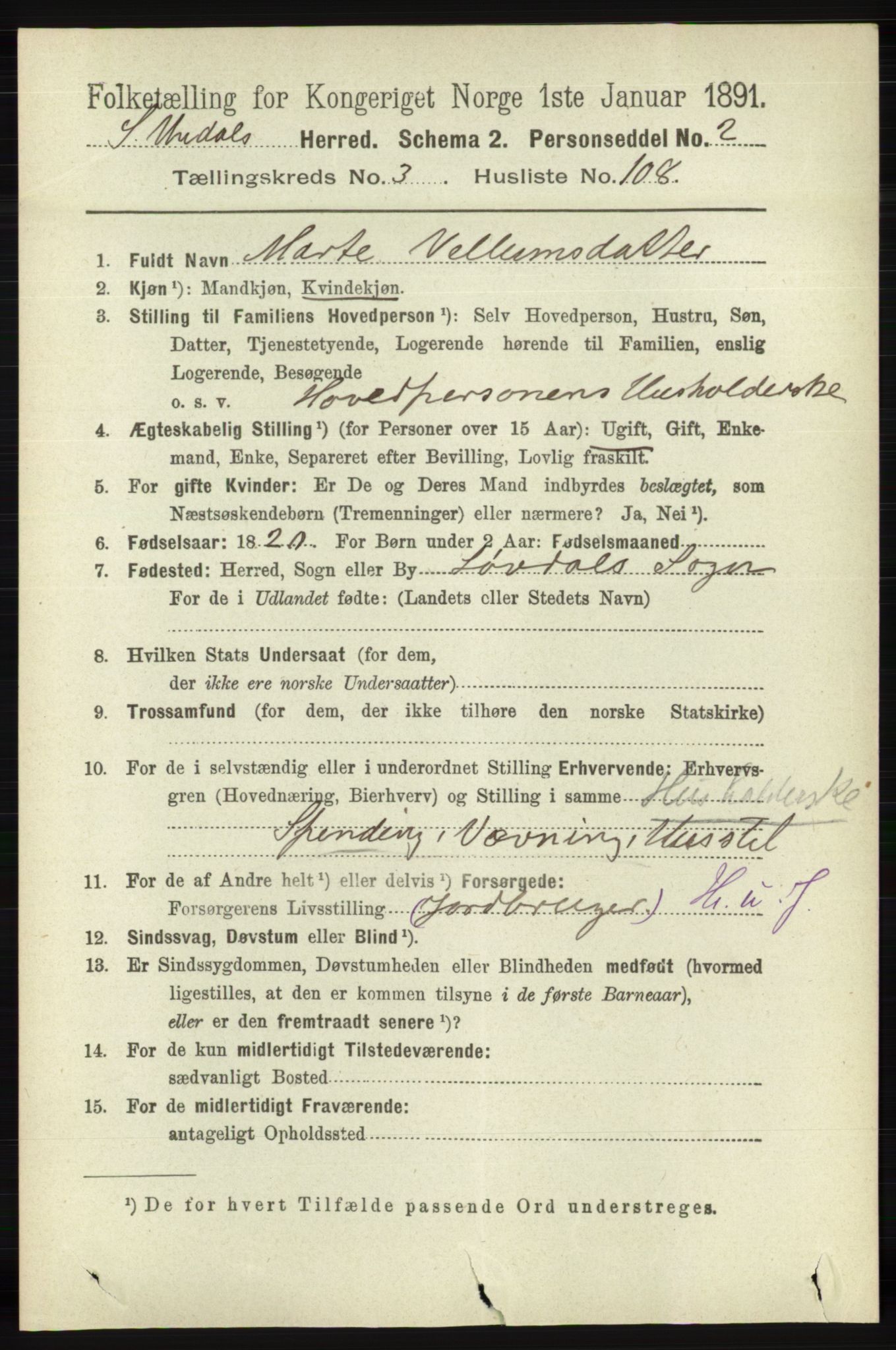 RA, 1891 census for 1029 Sør-Audnedal, 1891, p. 1326