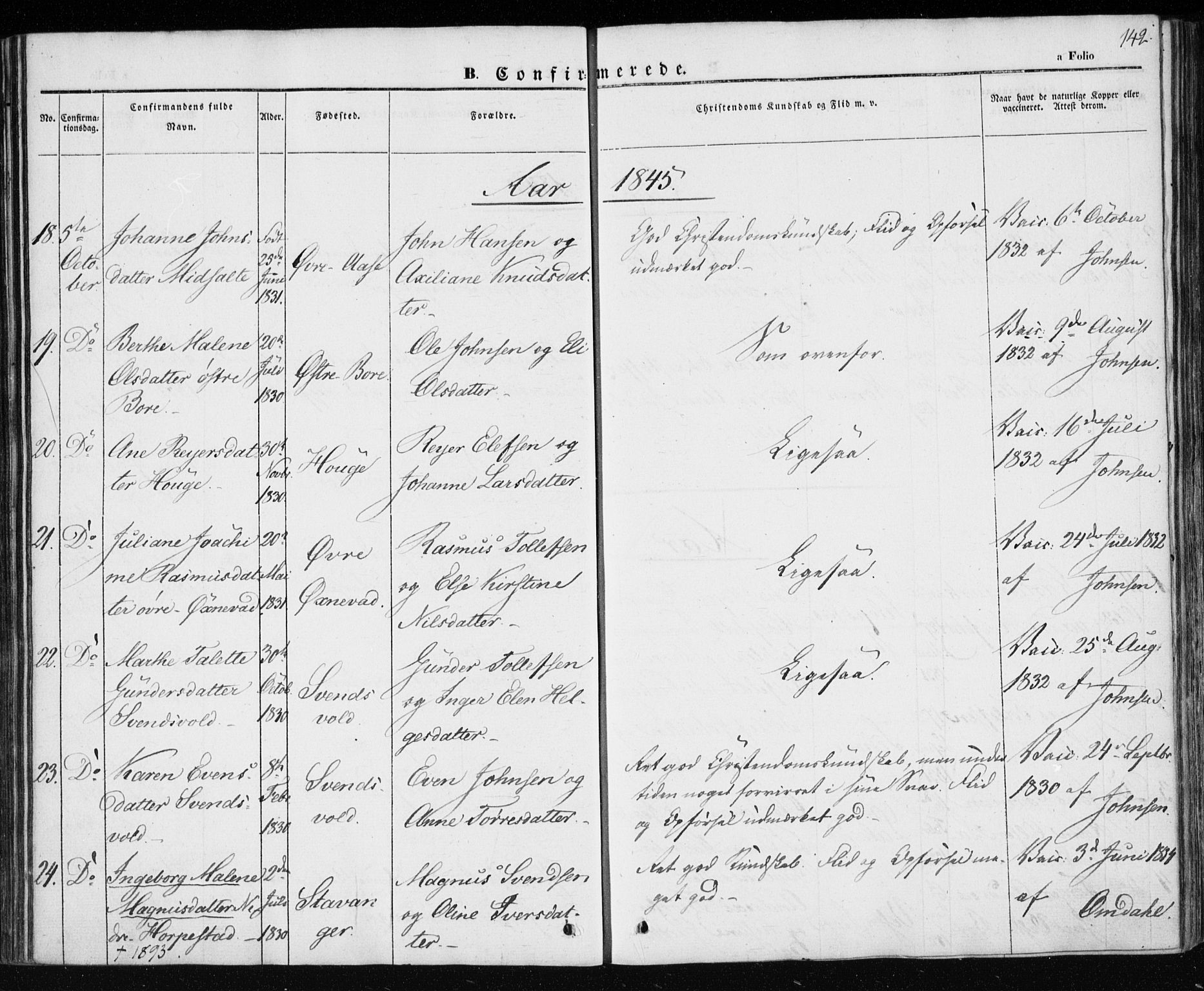 Klepp sokneprestkontor, AV/SAST-A-101803/001/3/30BA/L0004: Parish register (official) no. A 4, 1842-1852, p. 142