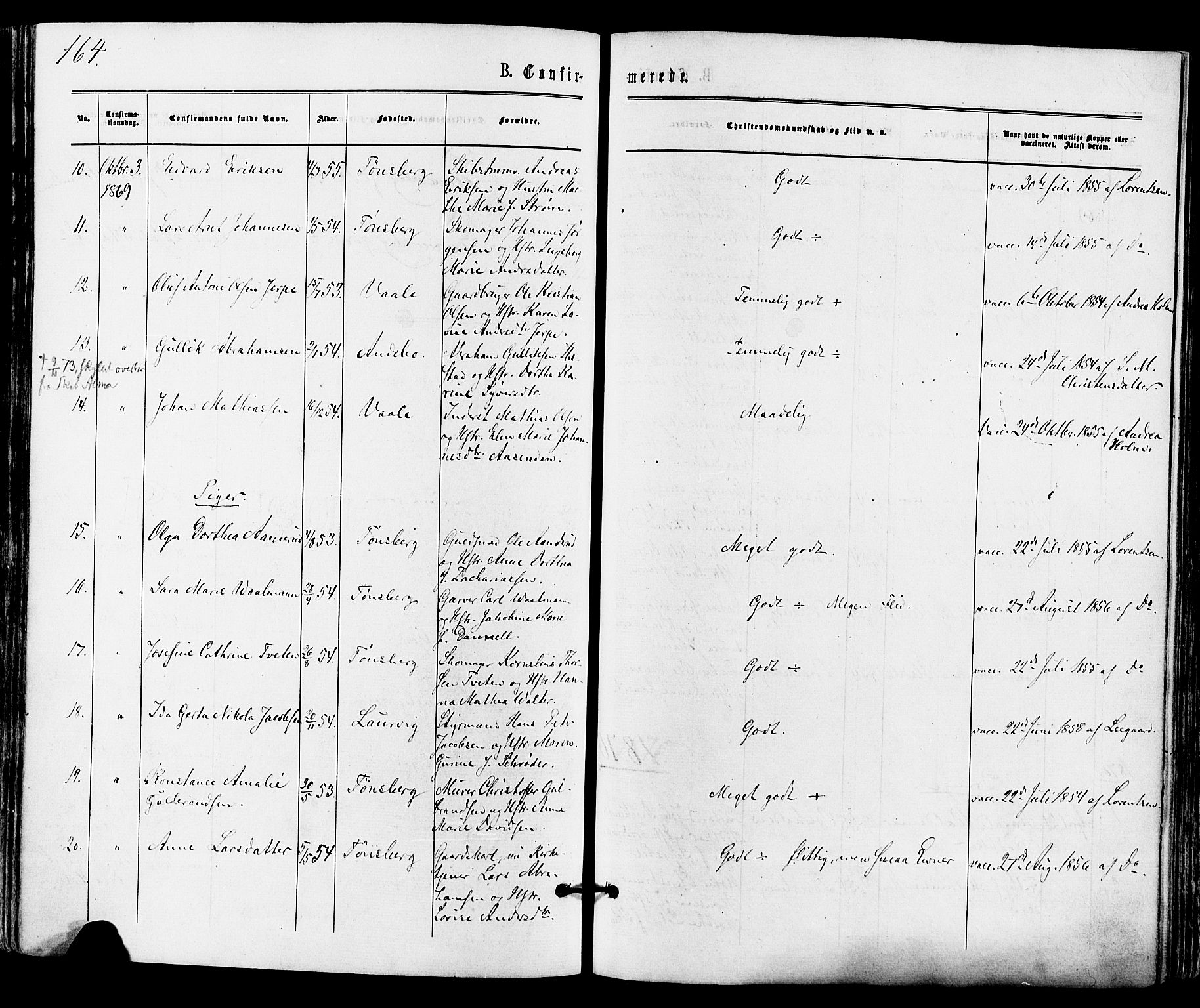 Tønsberg kirkebøker, AV/SAKO-A-330/F/Fa/L0009: Parish register (official) no. I 9, 1865-1873, p. 164