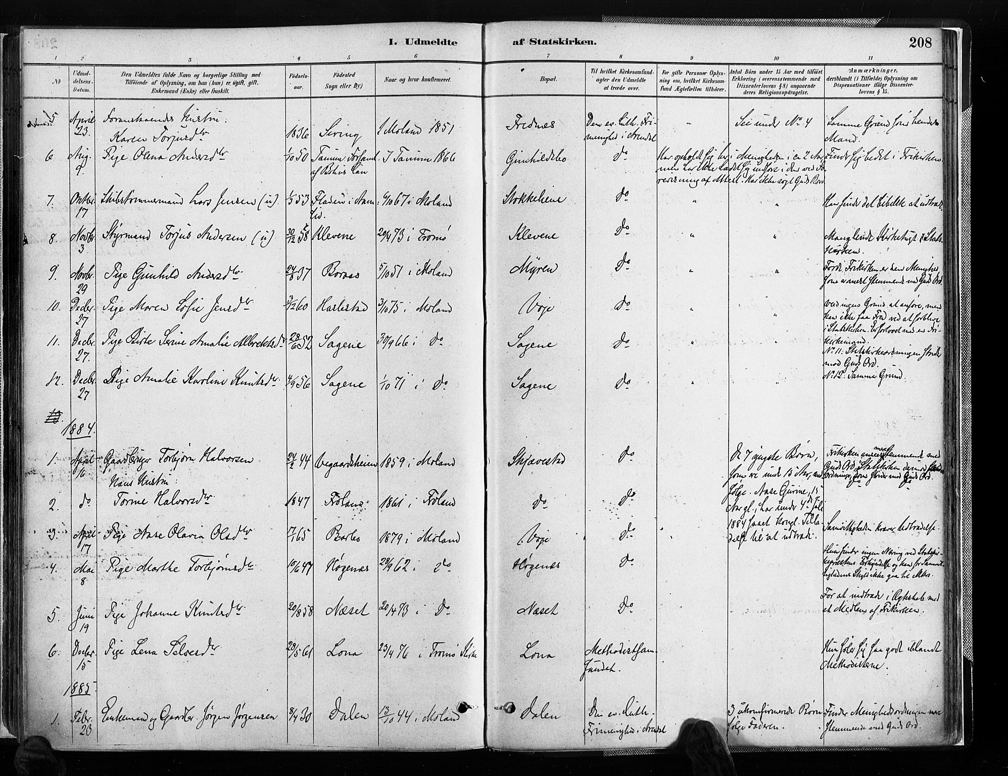 Austre Moland sokneprestkontor, SAK/1111-0001/F/Fa/Faa/L0010: Parish register (official) no. A 10, 1880-1904, p. 208