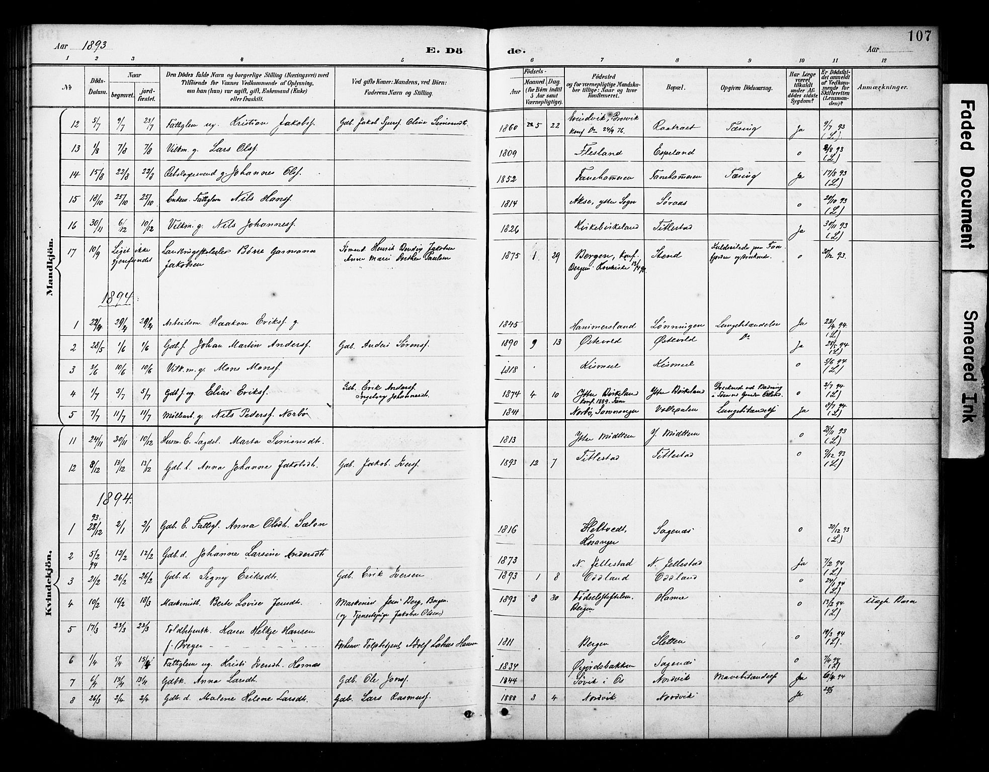 Fana Sokneprestembete, AV/SAB-A-75101/H/Haa/Haab/L0002: Parish register (official) no. B 2, 1890-1897, p. 107