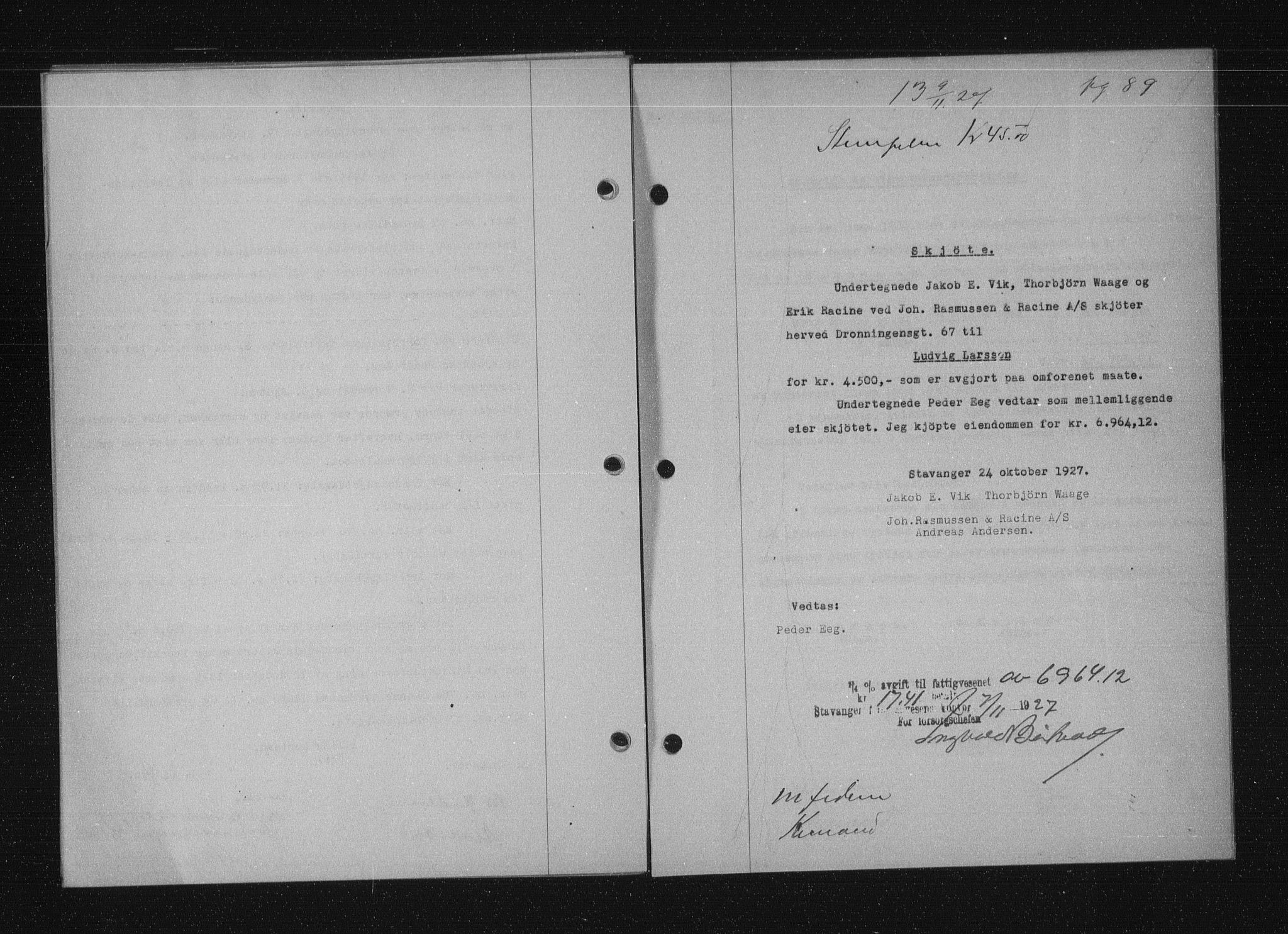 Stavanger byfogd, SAST/A-101408/001/4/41/410/410BB/L0053: Mortgage book no. 41, 1927-1928, Deed date: 09.11.1927