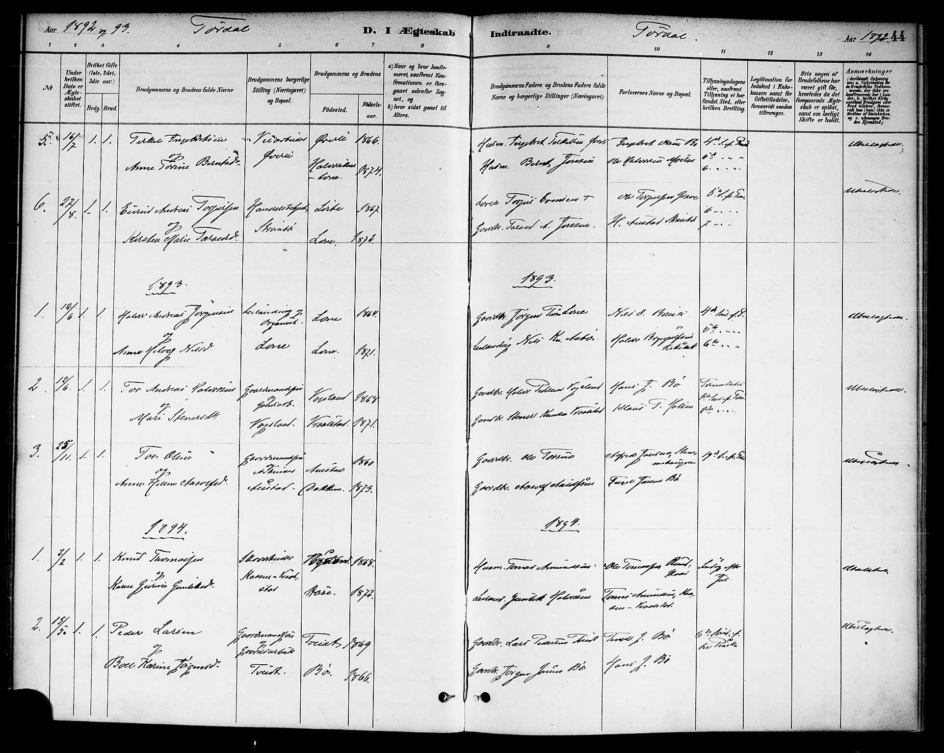 Drangedal kirkebøker, AV/SAKO-A-258/F/Fa/L0011: Parish register (official) no. 11 /2, 1885-1894, p. 44