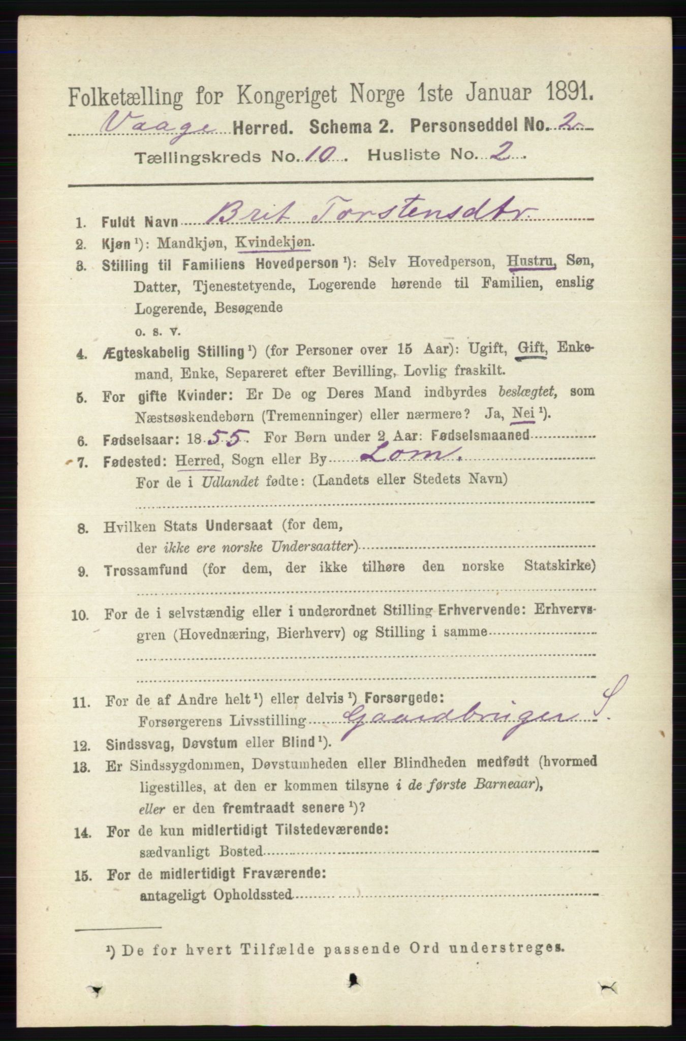 RA, 1891 census for 0515 Vågå, 1891, p. 6224