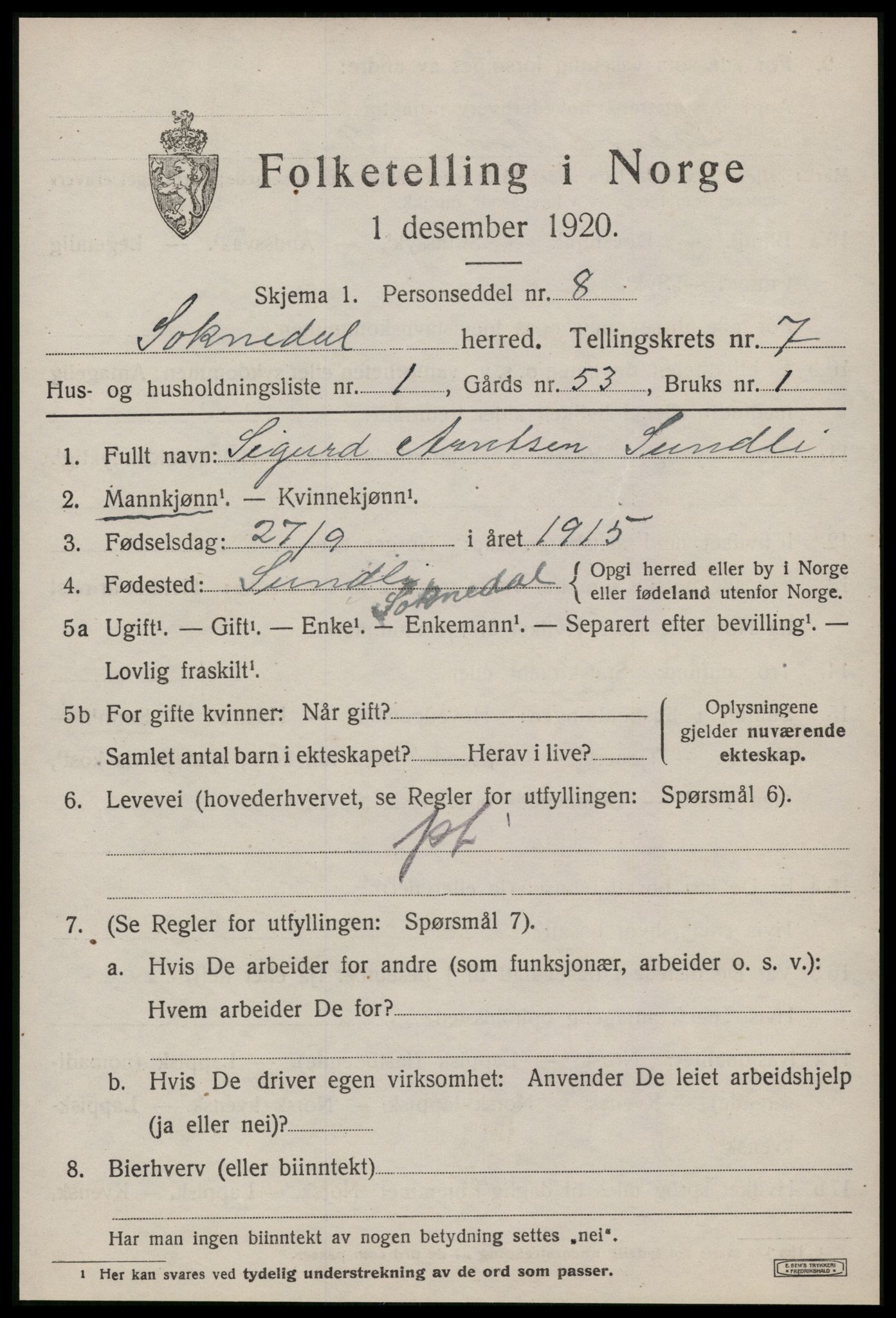 SAT, 1920 census for Soknedal, 1920, p. 3460