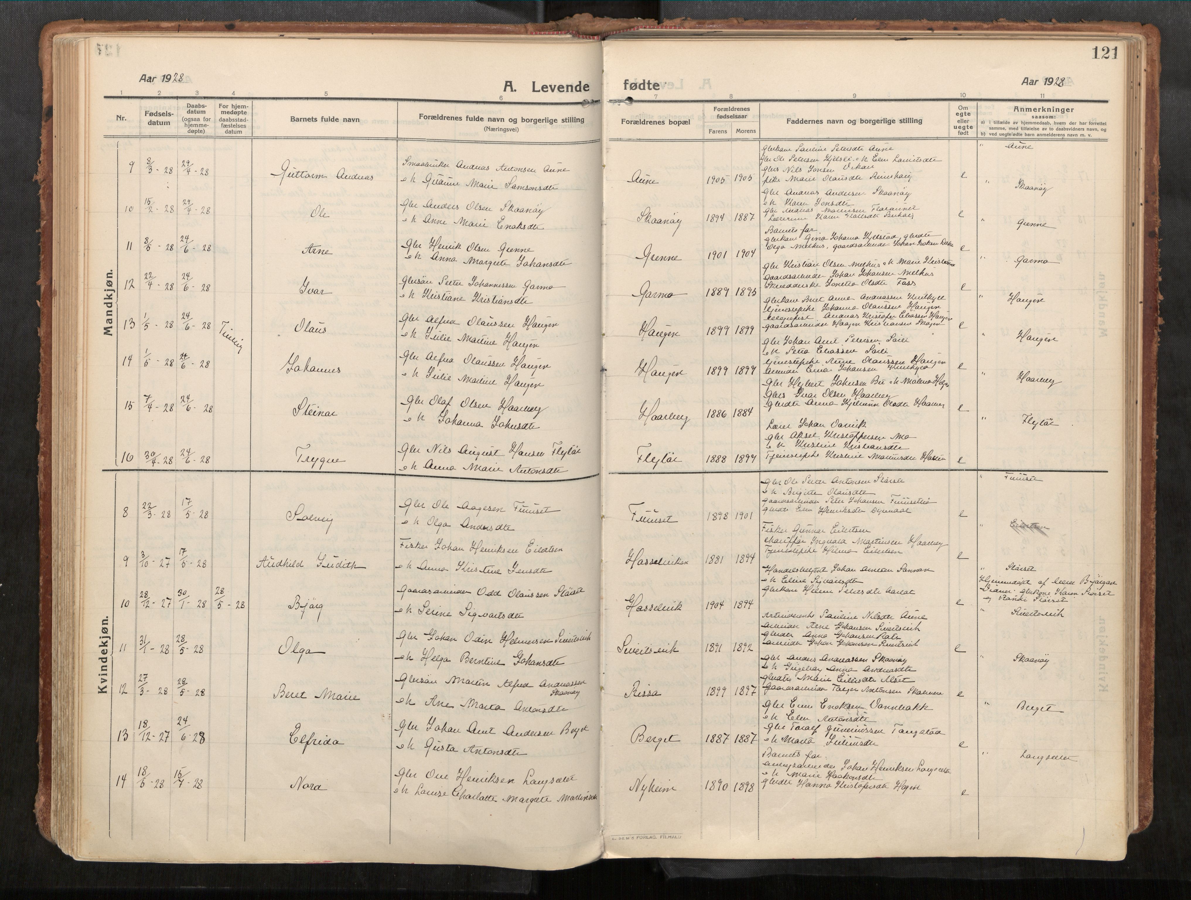 Stadsbygd sokneprestkontor, AV/SAT-A-1117/1/I/I1/I1a/L0001: Parish register (official) no. 1, 1911-1929, p. 121