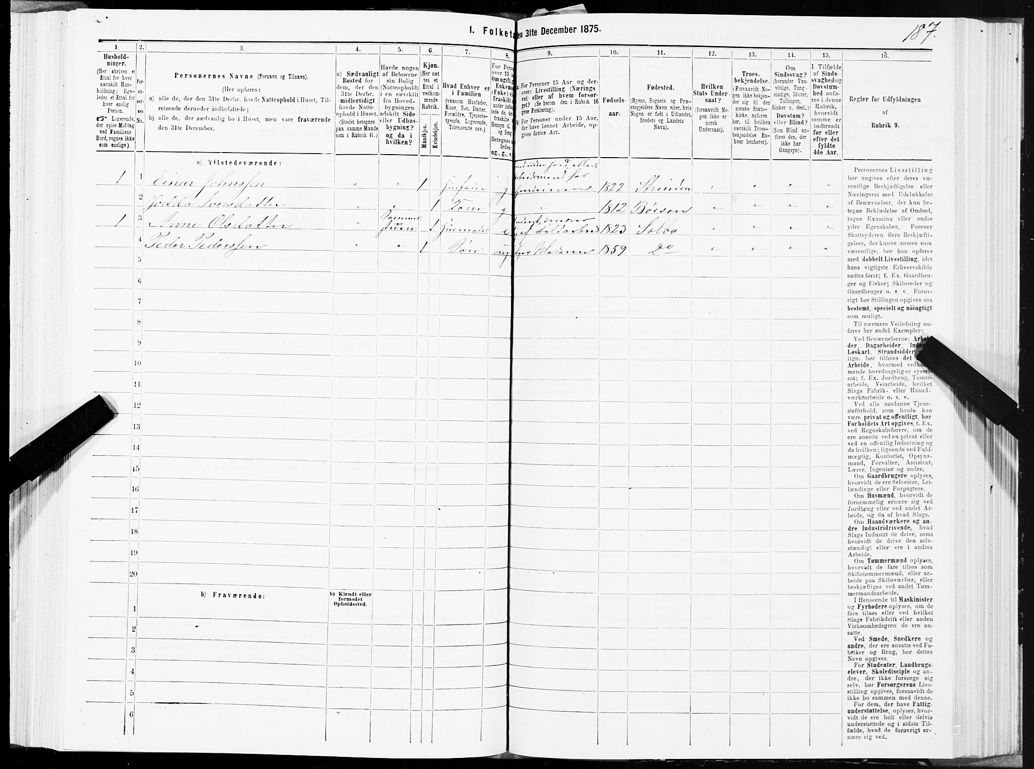 SAT, 1875 census for 1660P Strinda, 1875, p. 3187