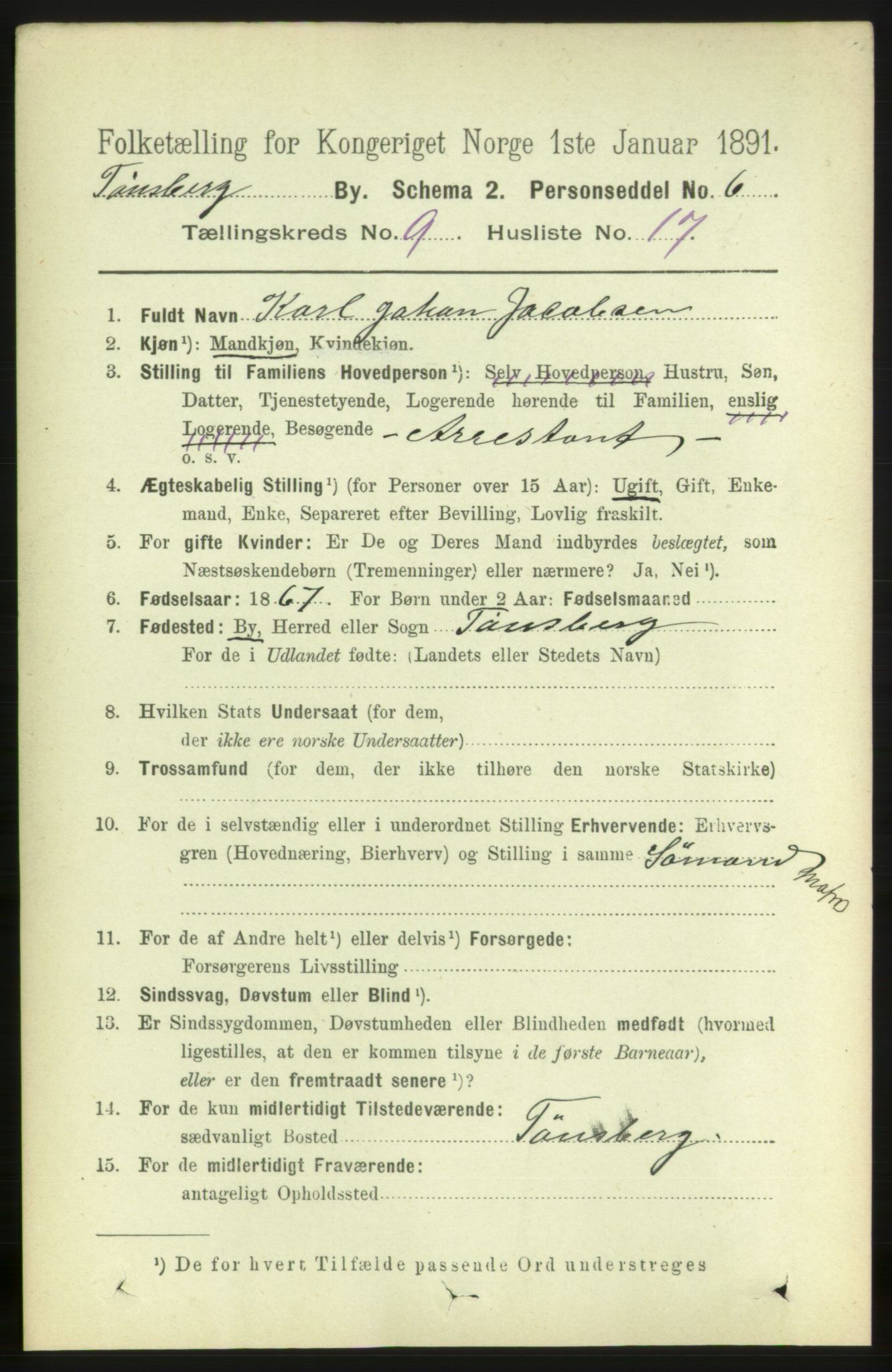 RA, 1891 census for 0705 Tønsberg, 1891, p. 3601