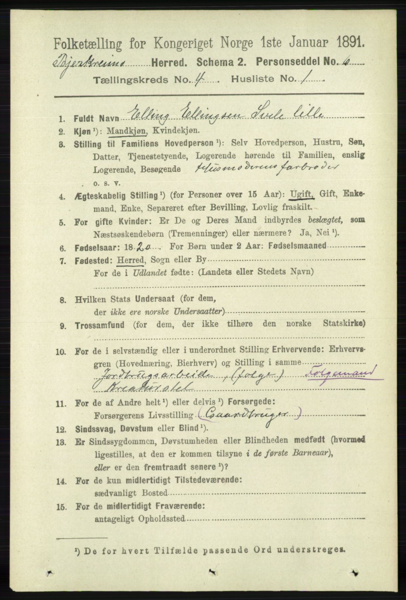 RA, 1891 census for 1114 Bjerkreim, 1891, p. 1231