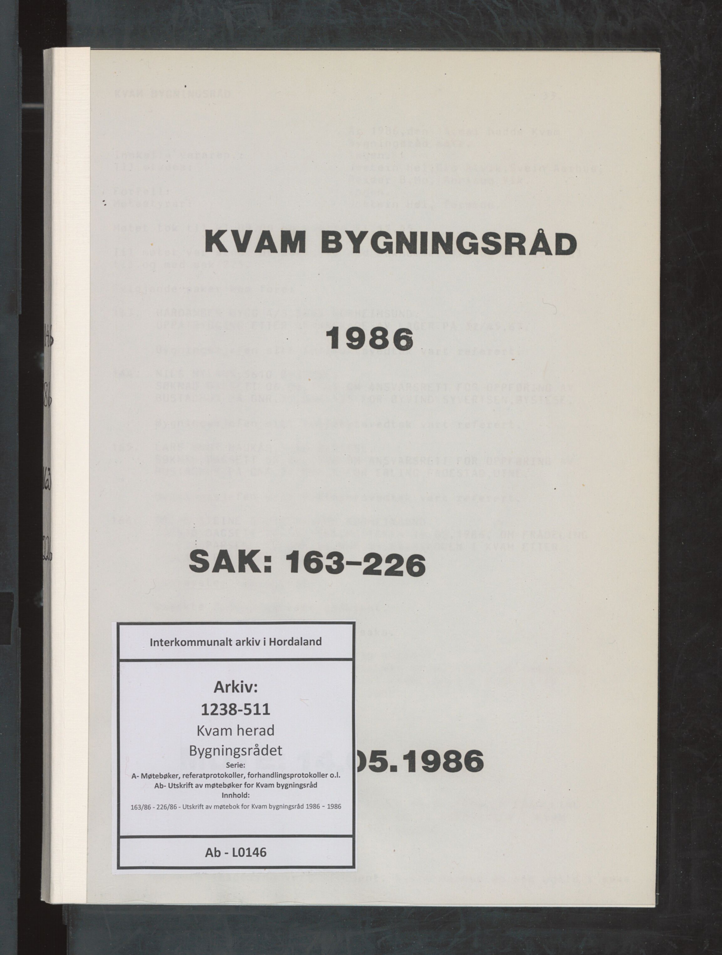 Kvam herad. Bygningsrådet, IKAH/1238-511/A/Ab/L0146: Utskrift av møtebok for Kvam bygningsråd, 1986