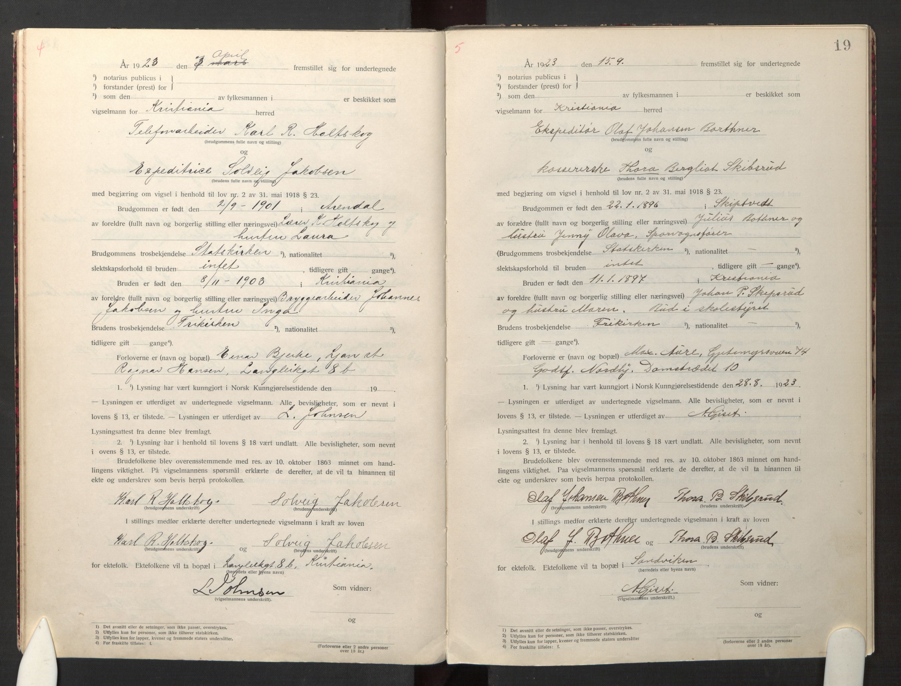 Den evangelisk-lutherske frikirke østre menighet, Oslo, AV/SAO-PAO-0245/F/L0005: Marriage register (dissenter) no. 5, 1920-1941, p. 19