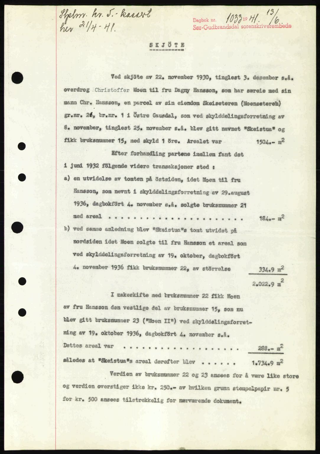 Sør-Gudbrandsdal tingrett, SAH/TING-004/H/Hb/Hbd/L0009: Mortgage book no. A9, 1941-1941, Diary no: : 1033/1941