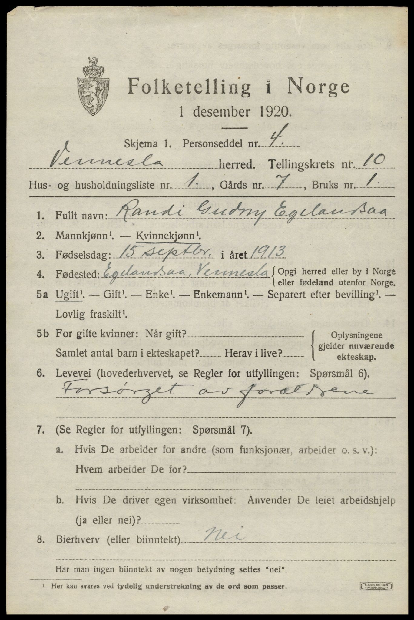 SAK, 1920 census for Vennesla, 1920, p. 6726