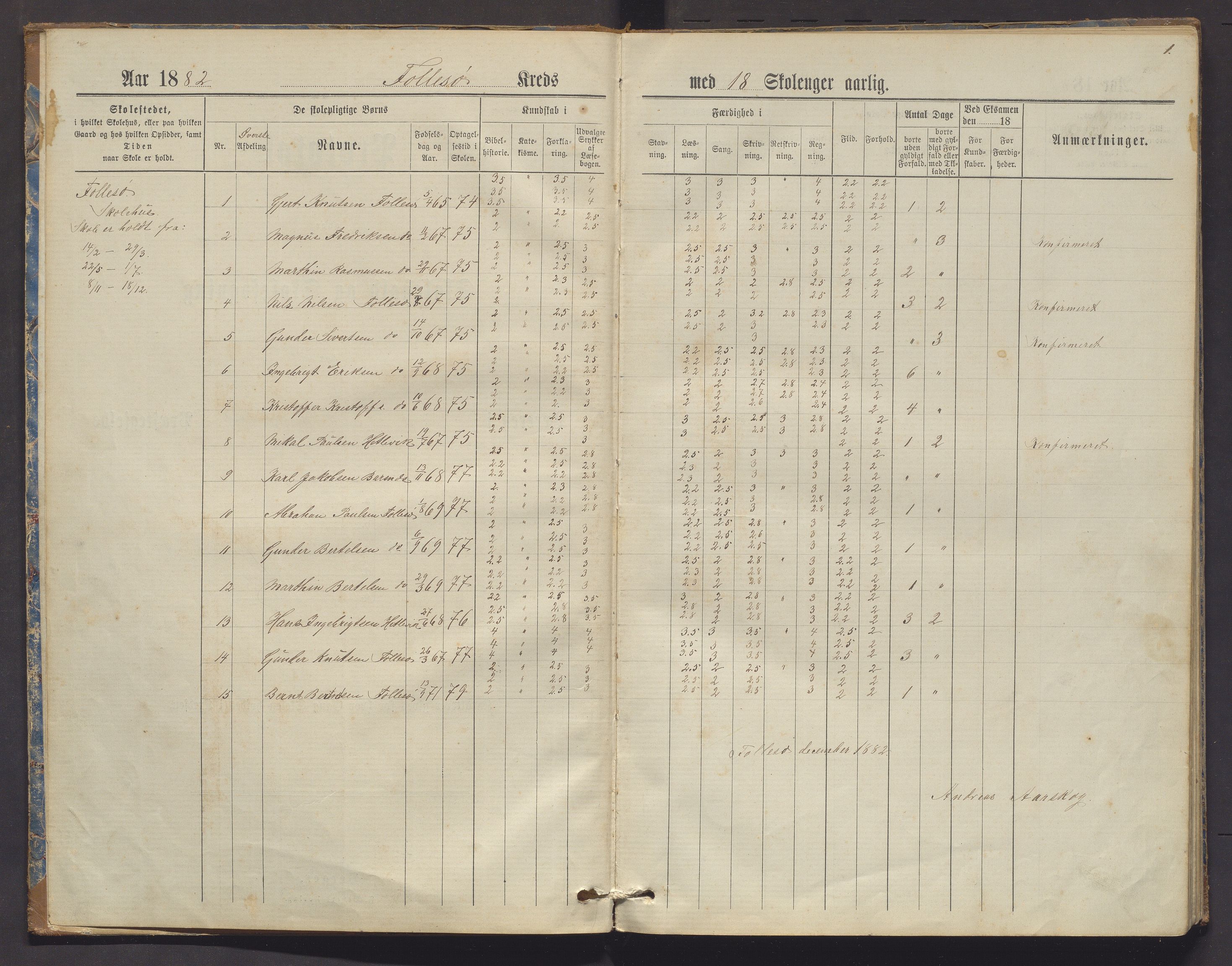 Askøy kommune. Barneskulane, IKAH/1247-231/F/Fd/L0002: Skuleprotokoll for Follese og Haugland krinsar, 1882-1893