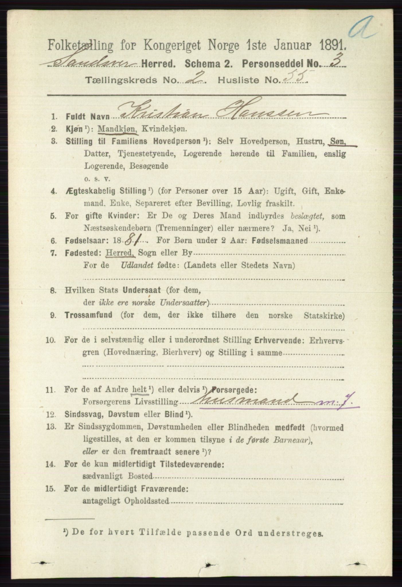 RA, 1891 census for 0629 Sandsvær, 1891, p. 998