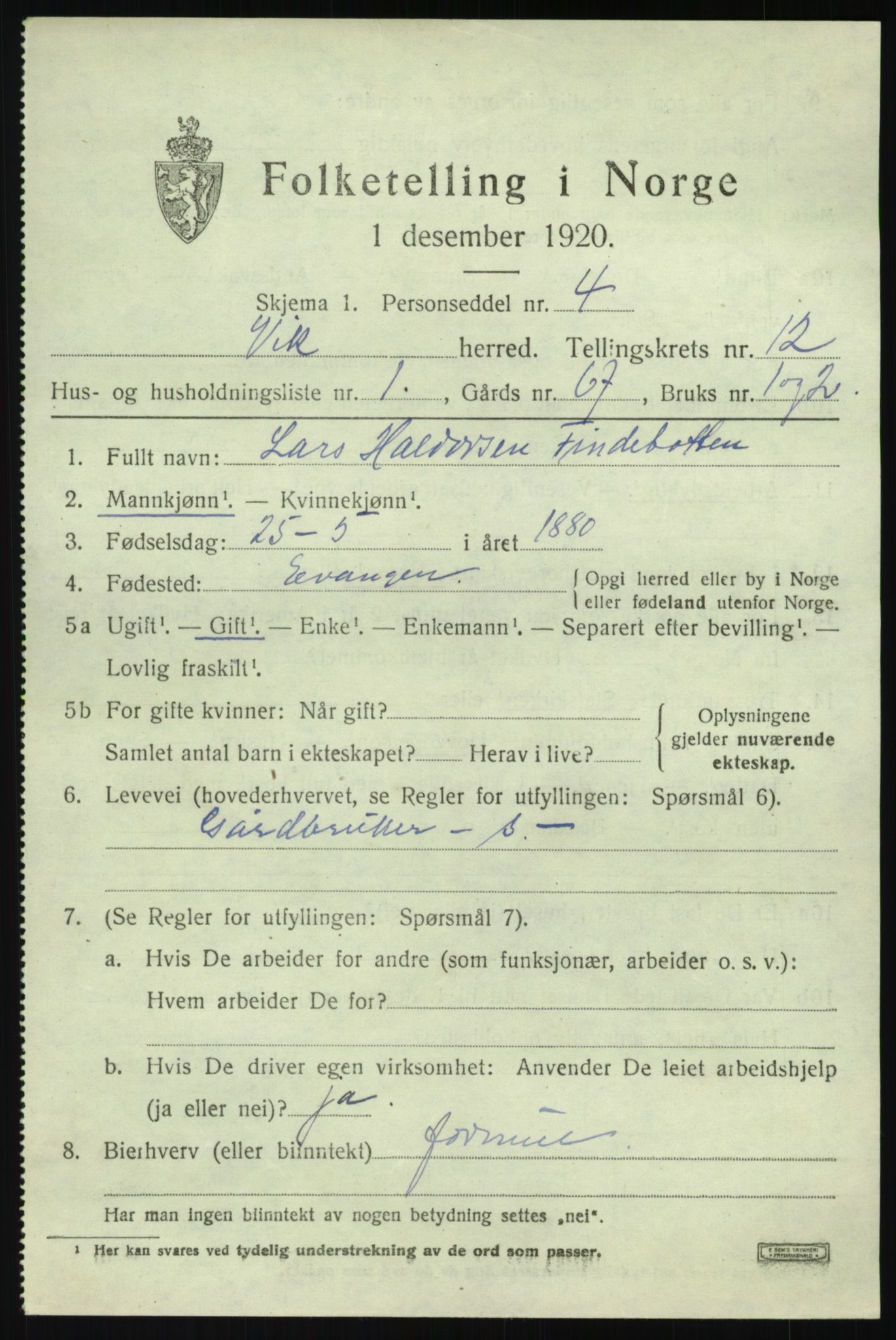 SAB, 1920 census for Vik, 1920, p. 6767