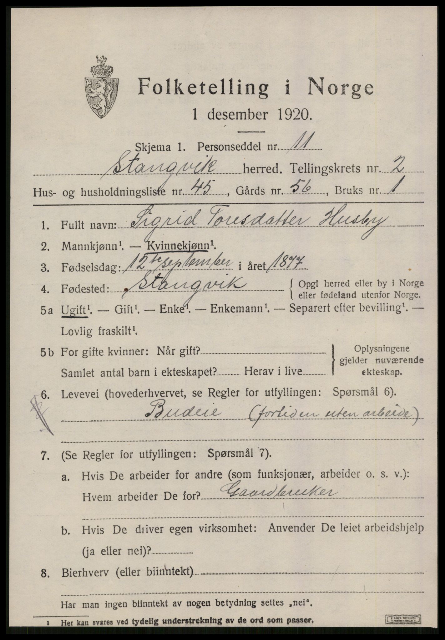 SAT, 1920 census for Stangvik, 1920, p. 1992