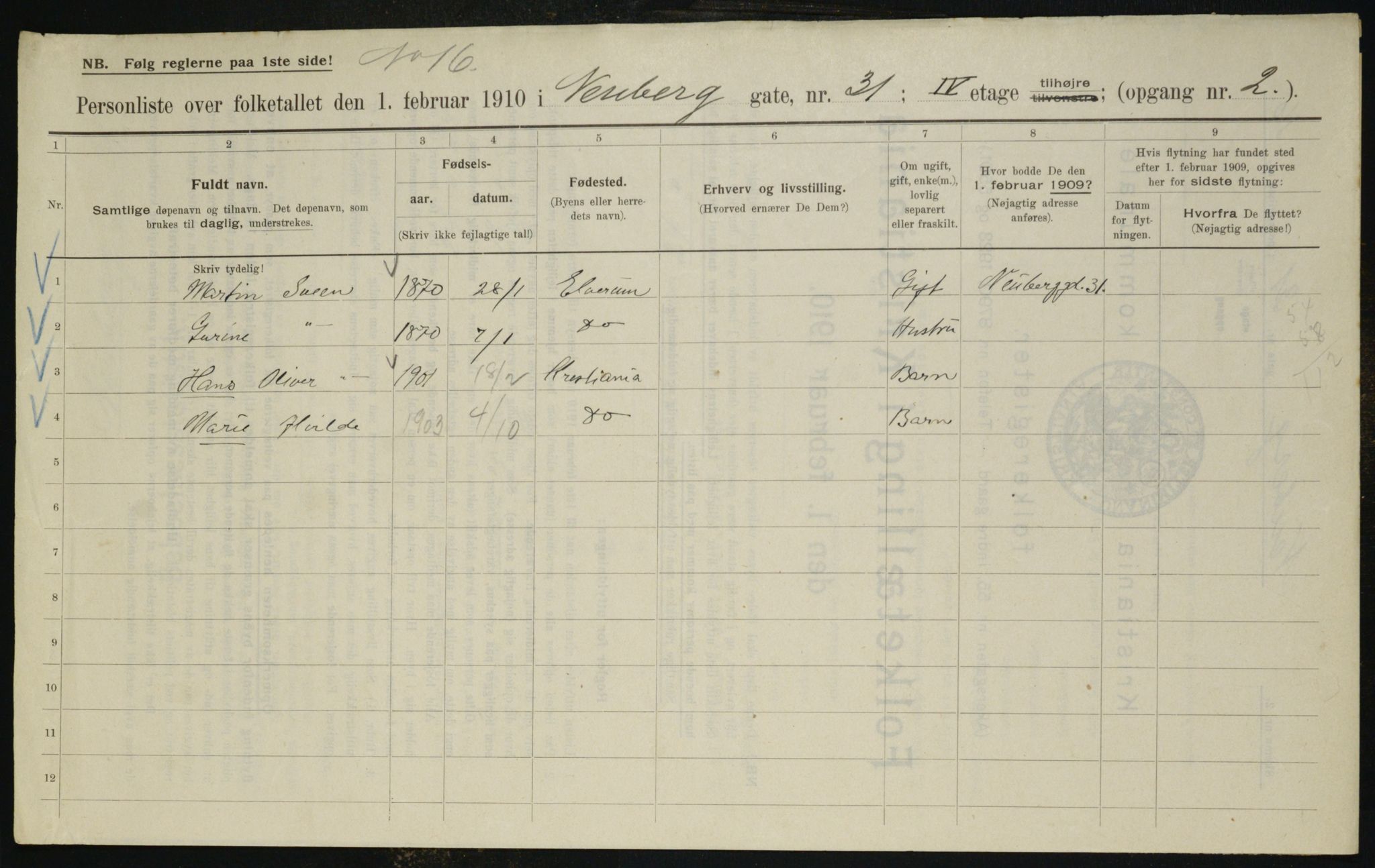 OBA, Municipal Census 1910 for Kristiania, 1910, p. 67756