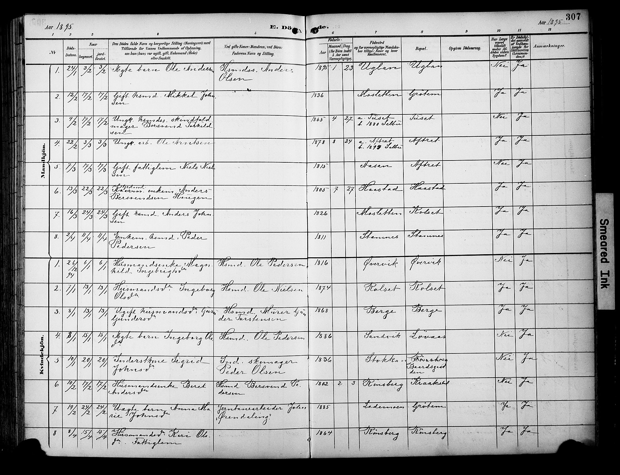 Ministerialprotokoller, klokkerbøker og fødselsregistre - Sør-Trøndelag, SAT/A-1456/695/L1149: Parish register (official) no. 695A09, 1891-1902, p. 307