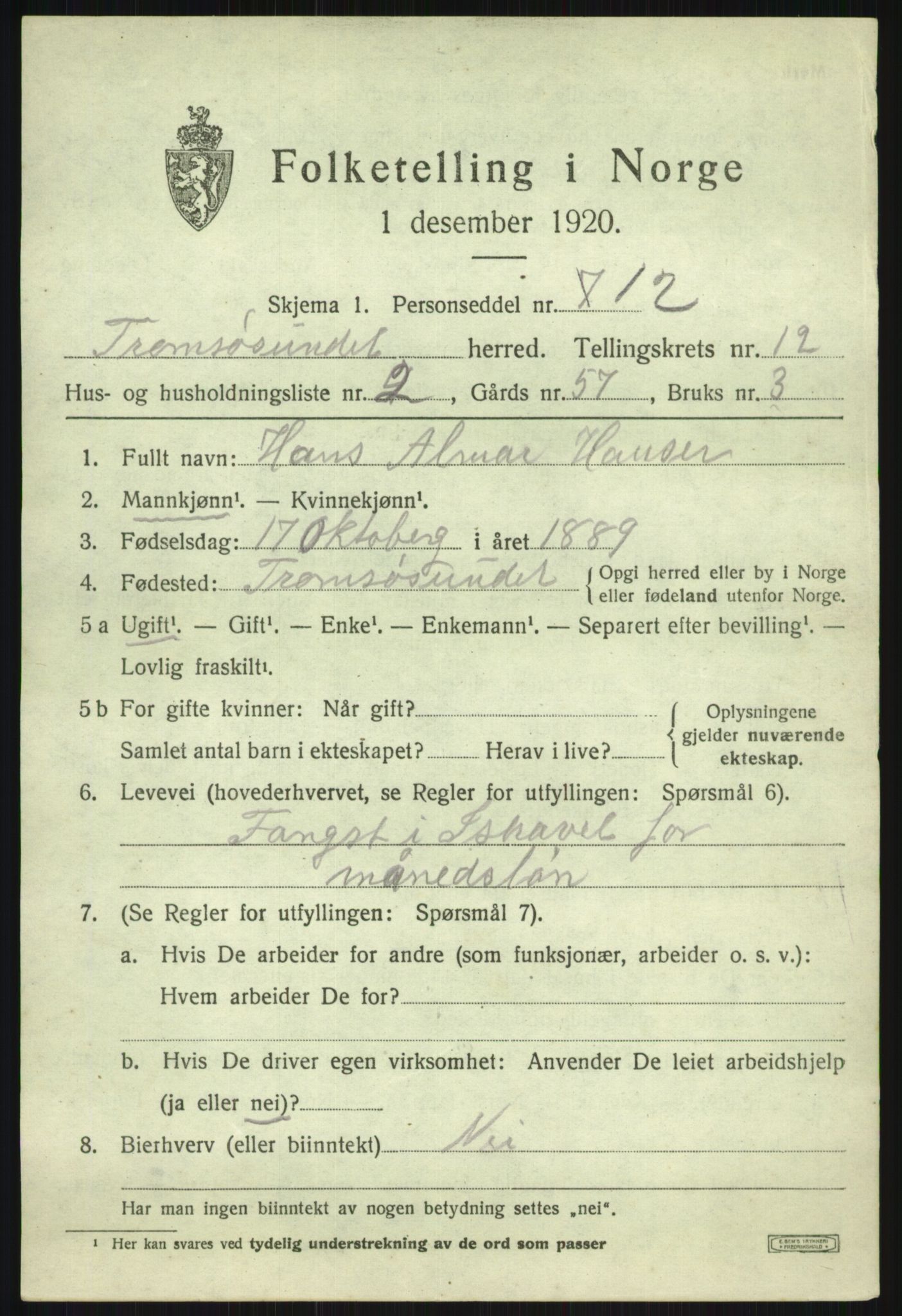 SATØ, 1920 census for Tromsøysund, 1920, p. 7612