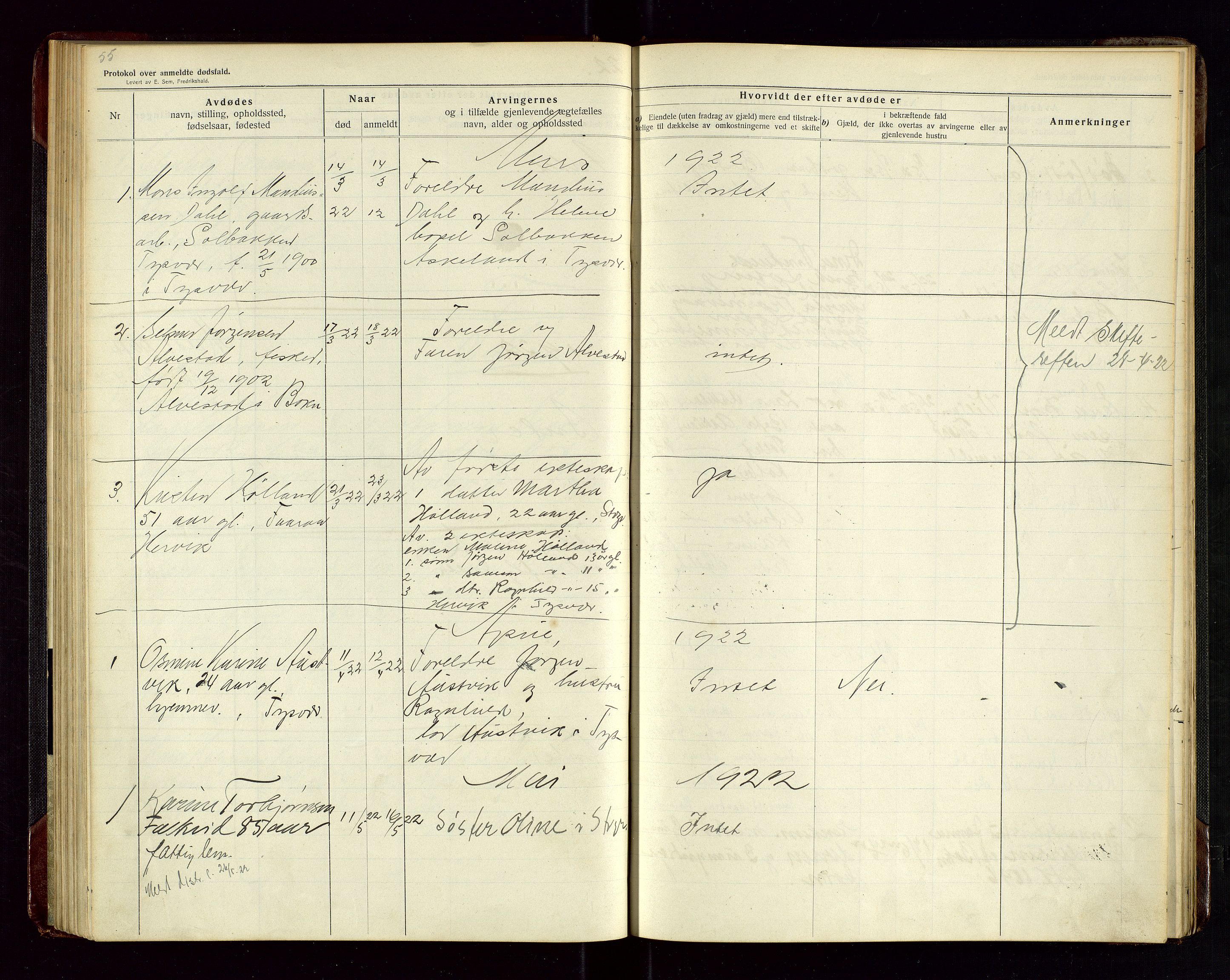 Tysvær lensmannskontor, AV/SAST-A-100192/Gga/L0003: "Protokol over anmeldte dødsfald i Tysvær" med register, 1916-1926, p. 55