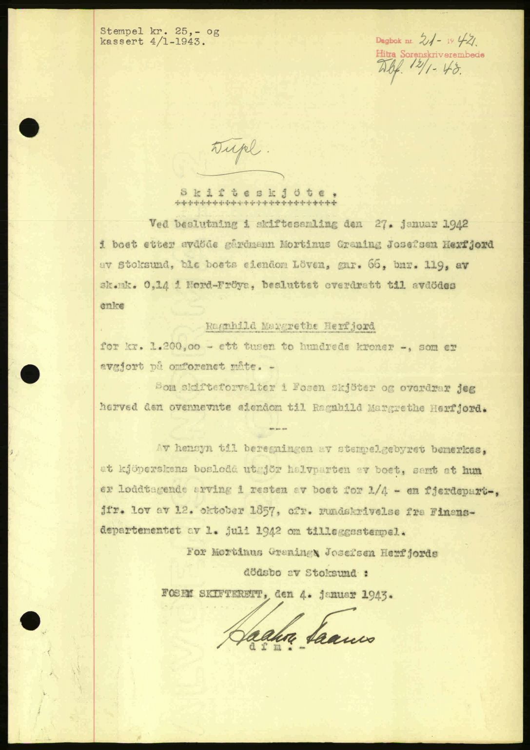 Hitra sorenskriveri, AV/SAT-A-0018/2/2C/2Ca: Mortgage book no. A2, 1943-1945, Diary no: : 21/1943