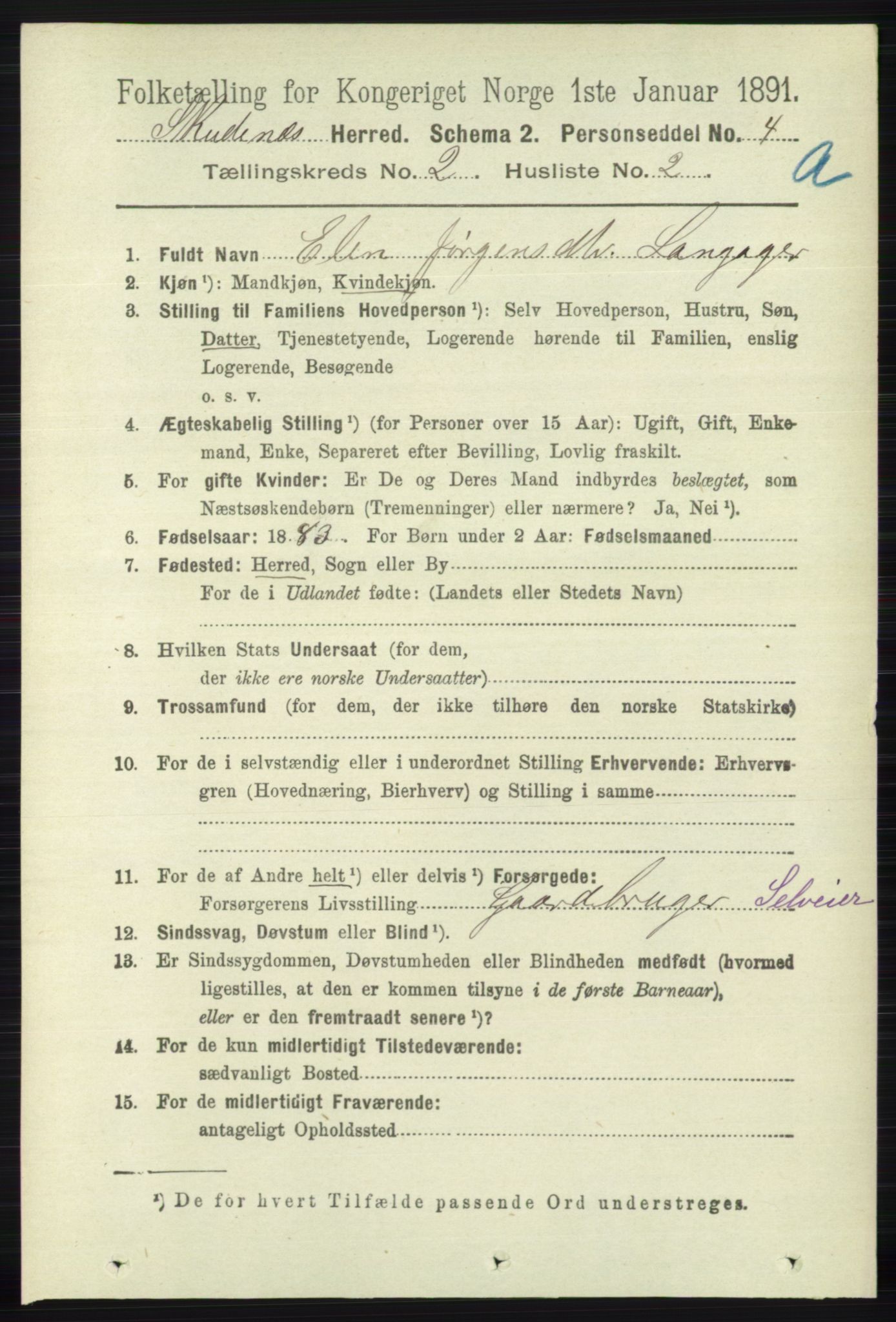 RA, 1891 census for 1150 Skudenes, 1891, p. 687