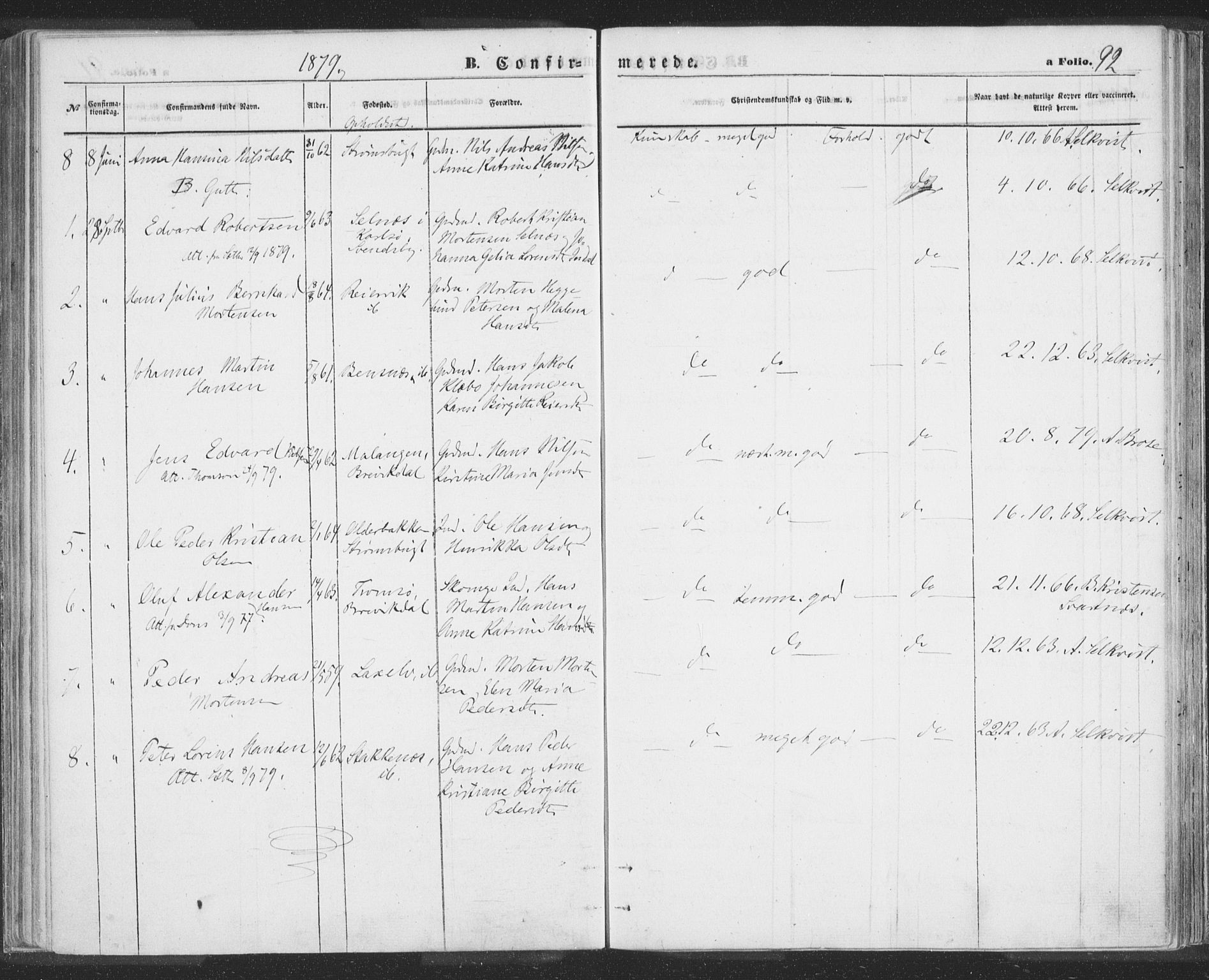 Lyngen sokneprestembete, AV/SATØ-S-1289/H/He/Hea/L0009kirke: Parish register (official) no. 9, 1864-1882, p. 92