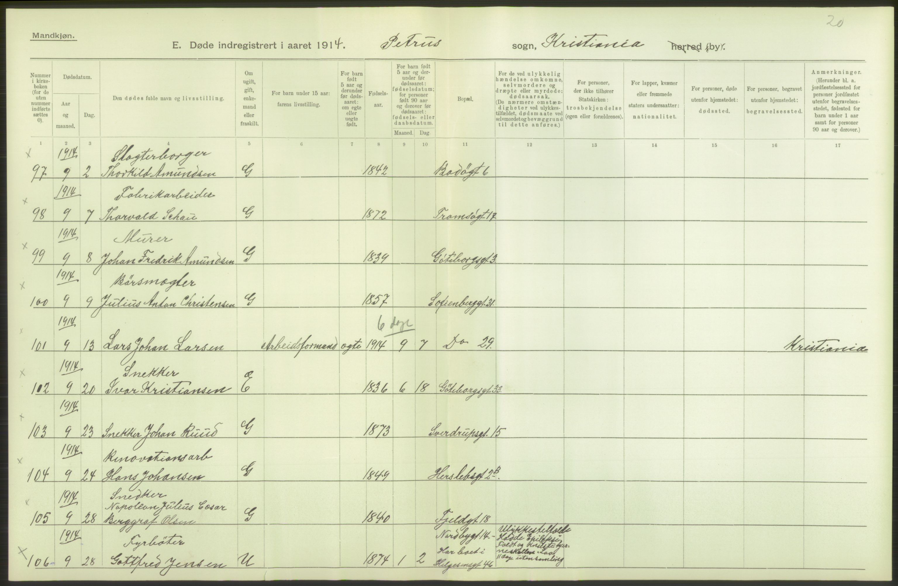 Statistisk sentralbyrå, Sosiodemografiske emner, Befolkning, AV/RA-S-2228/D/Df/Dfb/Dfbd/L0008: Kristiania: Døde, 1914, p. 326