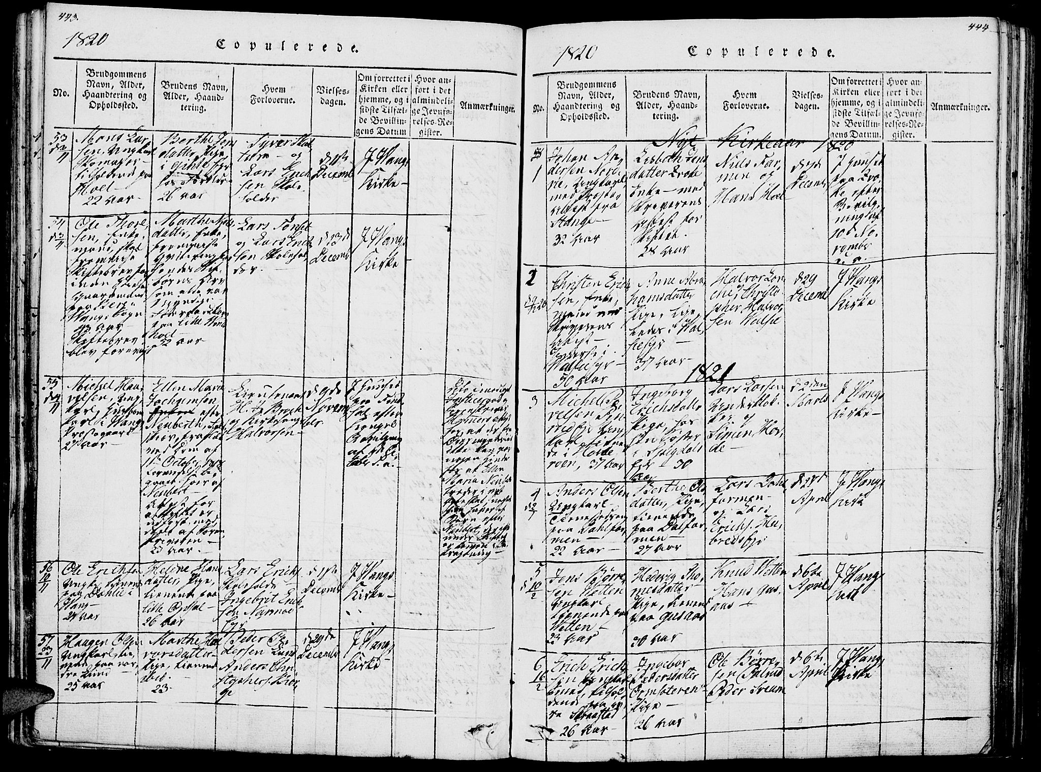 Vang prestekontor, Hedmark, SAH/PREST-008/H/Ha/Haa/L0007: Parish register (official) no. 7, 1813-1826, p. 443-444