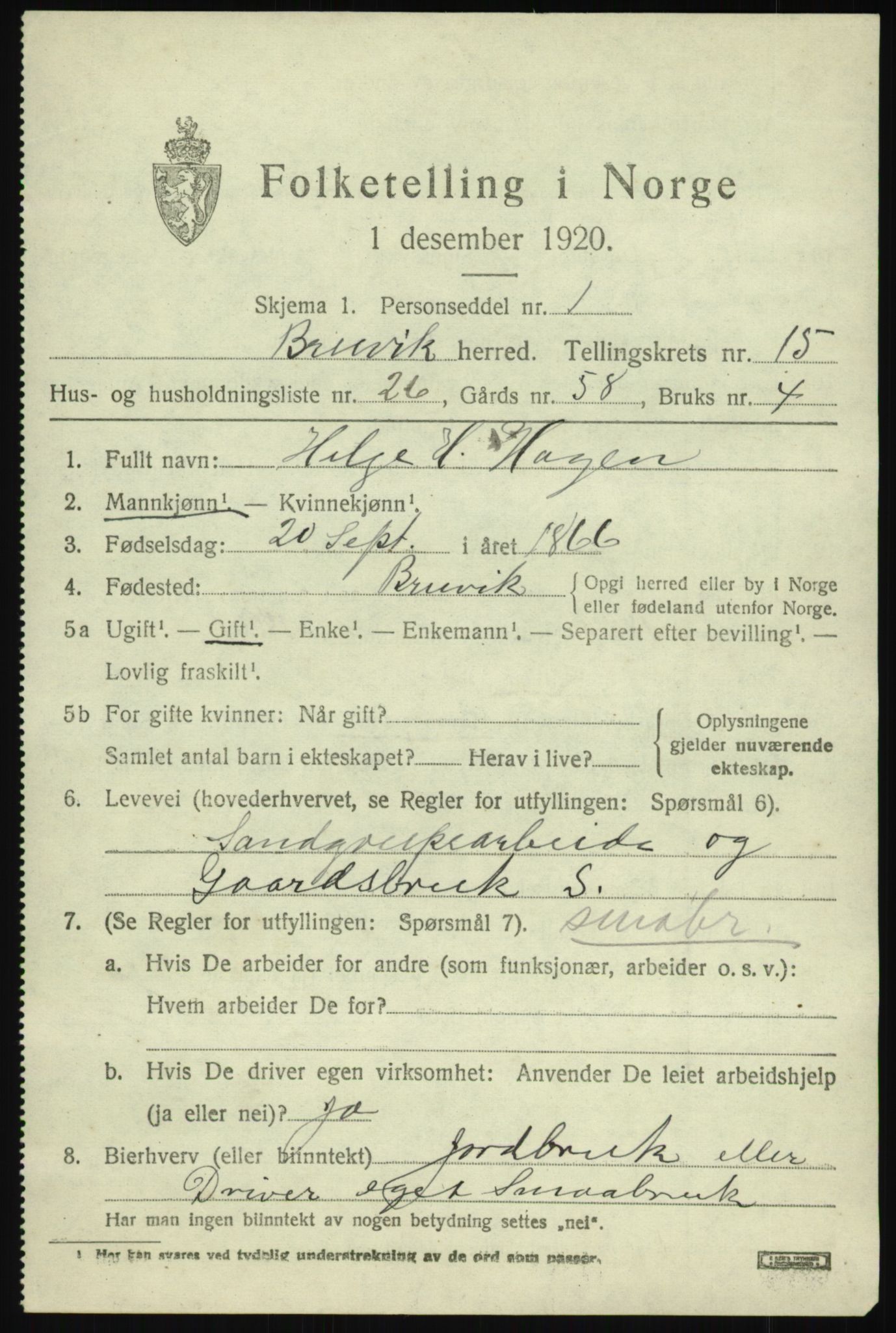 SAB, 1920 census for Bruvik, 1920, p. 9526