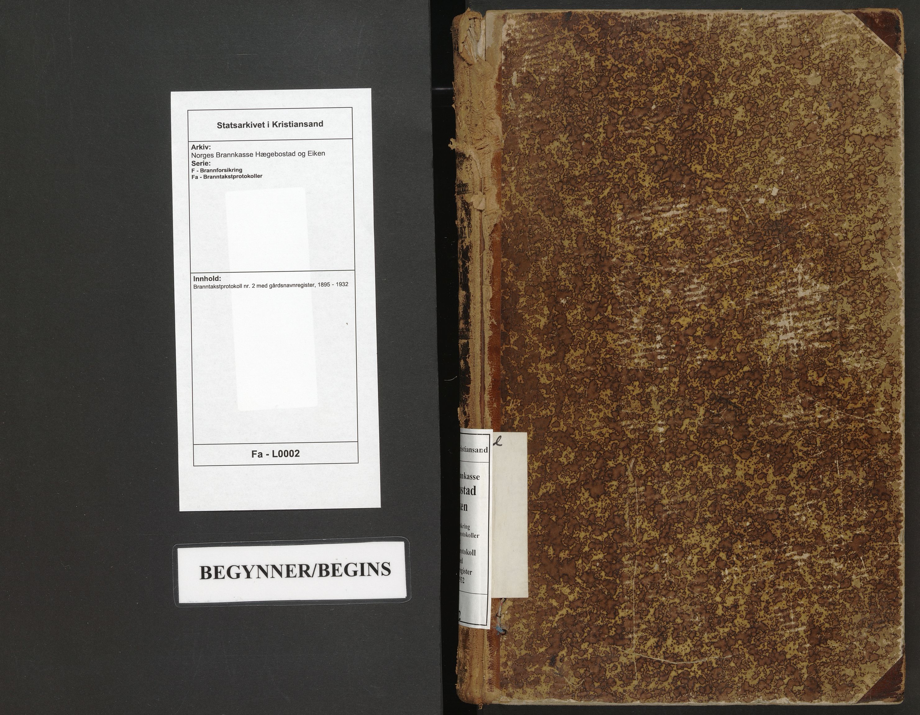 Norges Brannkasse Hægebostad og Eiken, SAK/2241-0027/F/Fa/L0002: Branntakstprotokoll nr. 2 med gårdsnavnregister, 1895-1932