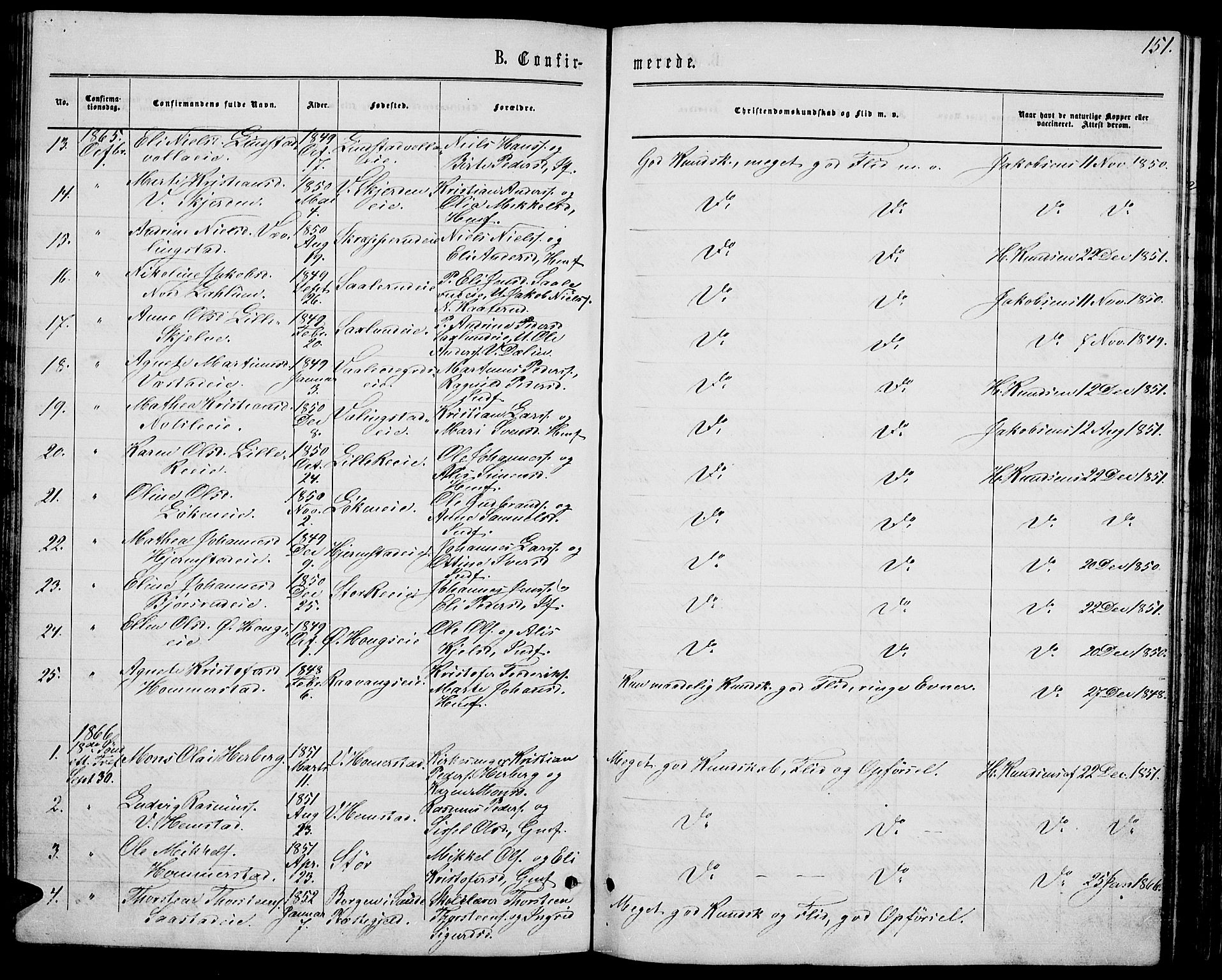 Stange prestekontor, SAH/PREST-002/L/L0006: Parish register (copy) no. 6, 1864-1882, p. 151