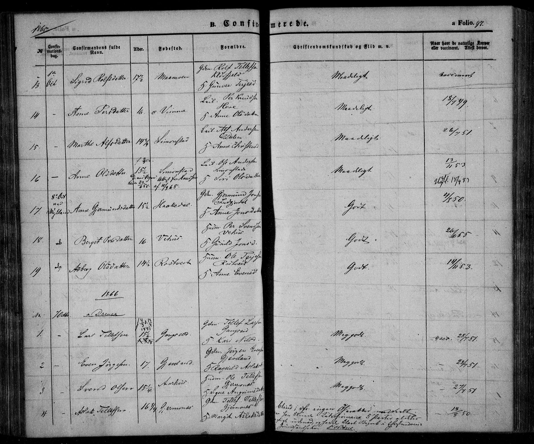 Åmli sokneprestkontor, AV/SAK-1111-0050/F/Fa/Fac/L0008: Parish register (official) no. A 8, 1852-1869, p. 97