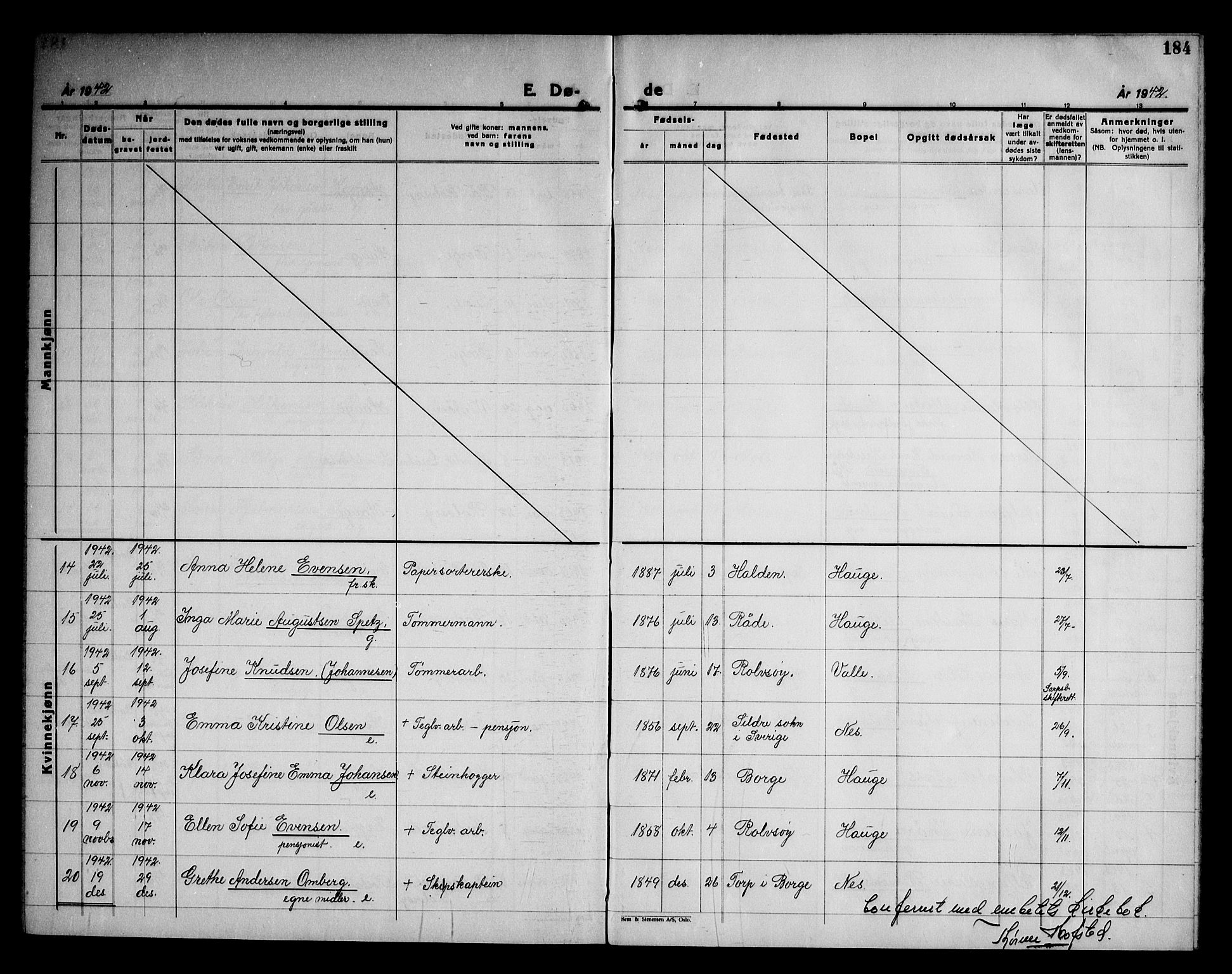 Rolvsøy prestekontor Kirkebøker, AV/SAO-A-2004/G/Ga/L0003: Parish register (copy) no. 3, 1935-1947, p. 184