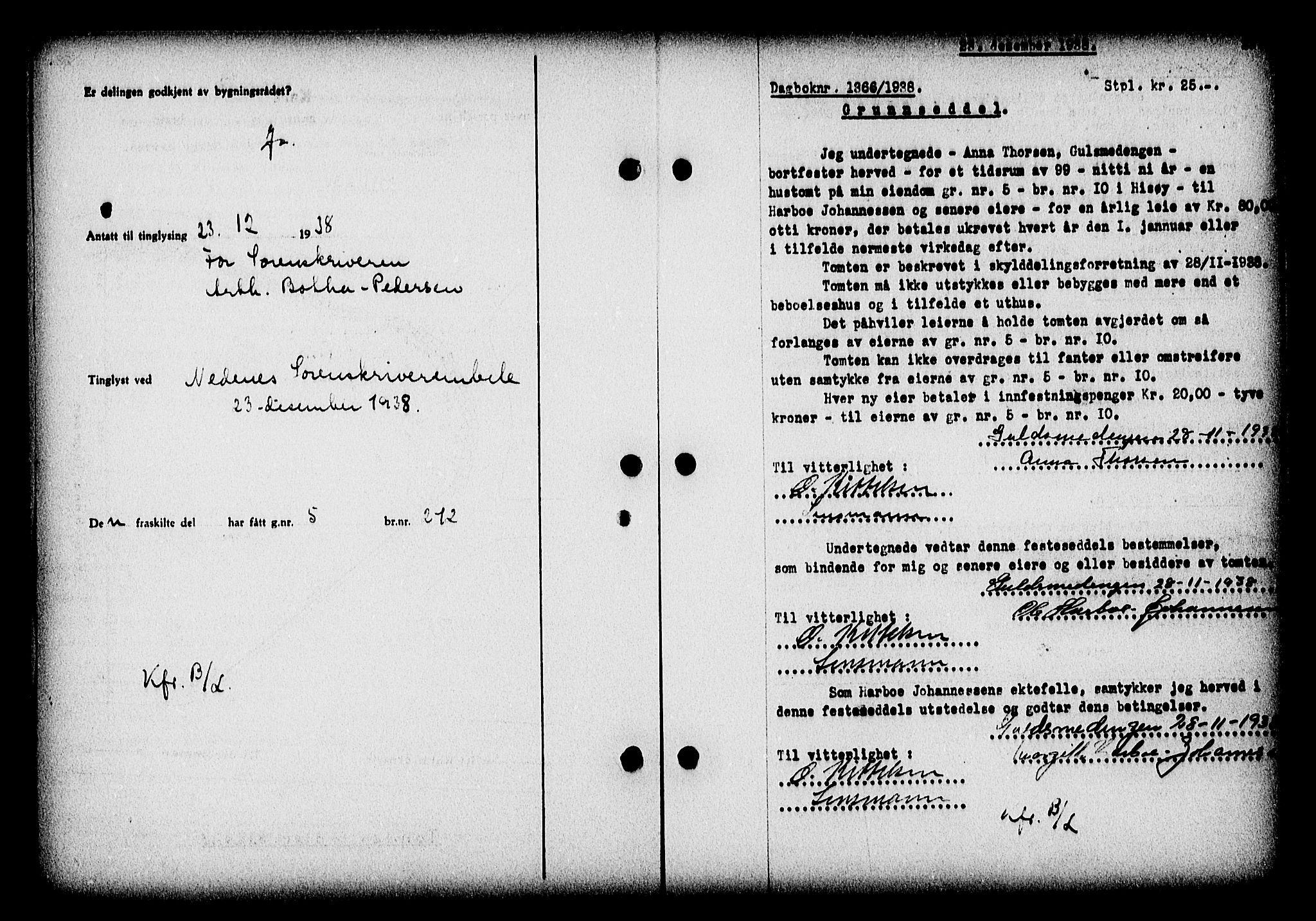 Nedenes sorenskriveri, SAK/1221-0006/G/Gb/Gba/L0046: Mortgage book no. 42, 1938-1939, Diary no: : 1366/1938