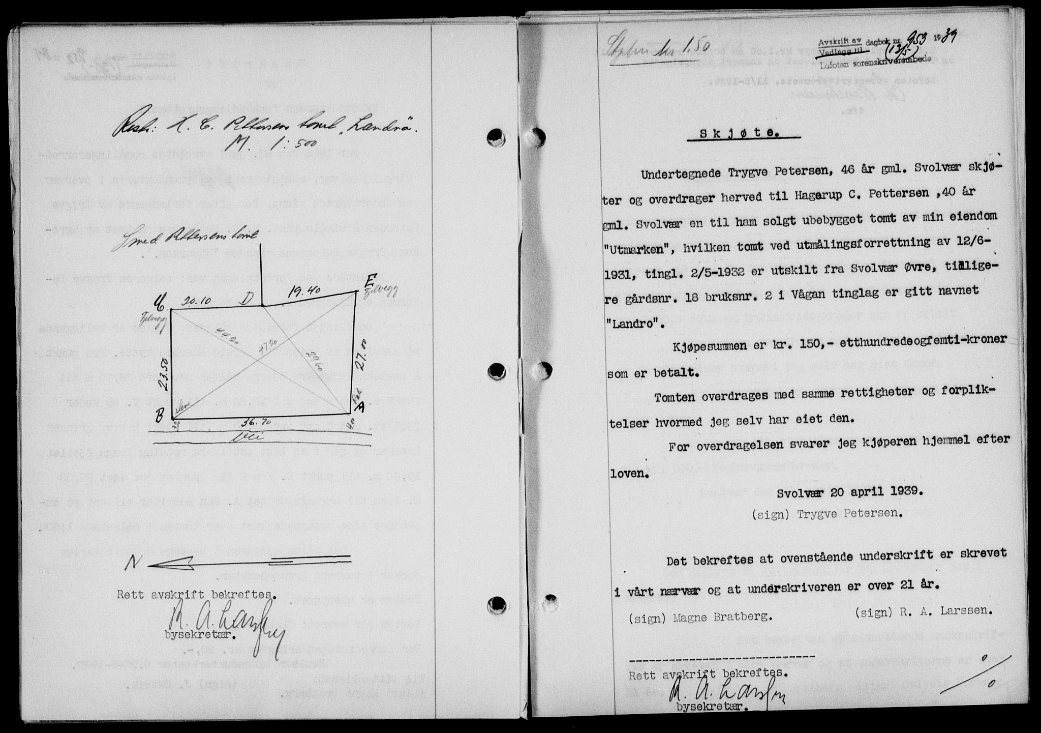 Lofoten sorenskriveri, SAT/A-0017/1/2/2C/L0005a: Mortgage book no. 5a, 1939-1939, Diary no: : 953/1939