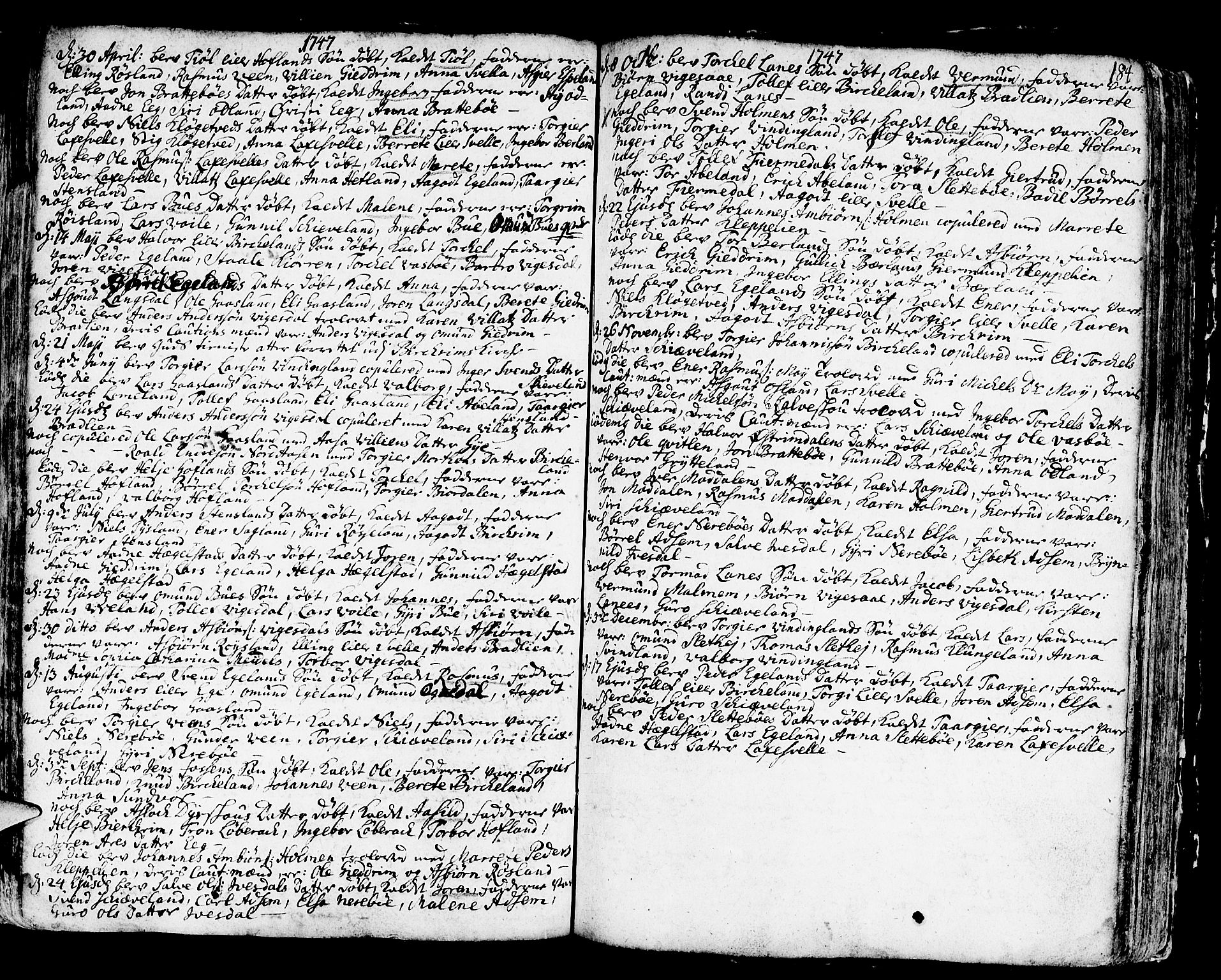 Helleland sokneprestkontor, AV/SAST-A-101810: Parish register (official) no. A 1 /2, 1713-1761, p. 184