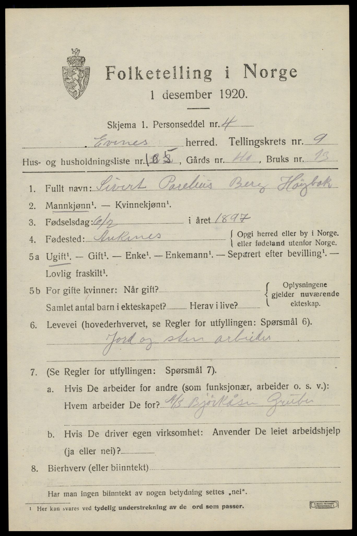 SAT, 1920 census for Evenes, 1920, p. 9160