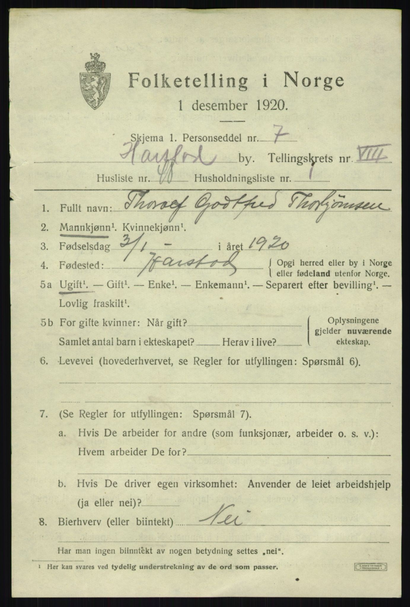 SATØ, 1920 census for Harstad, 1920, p. 9886