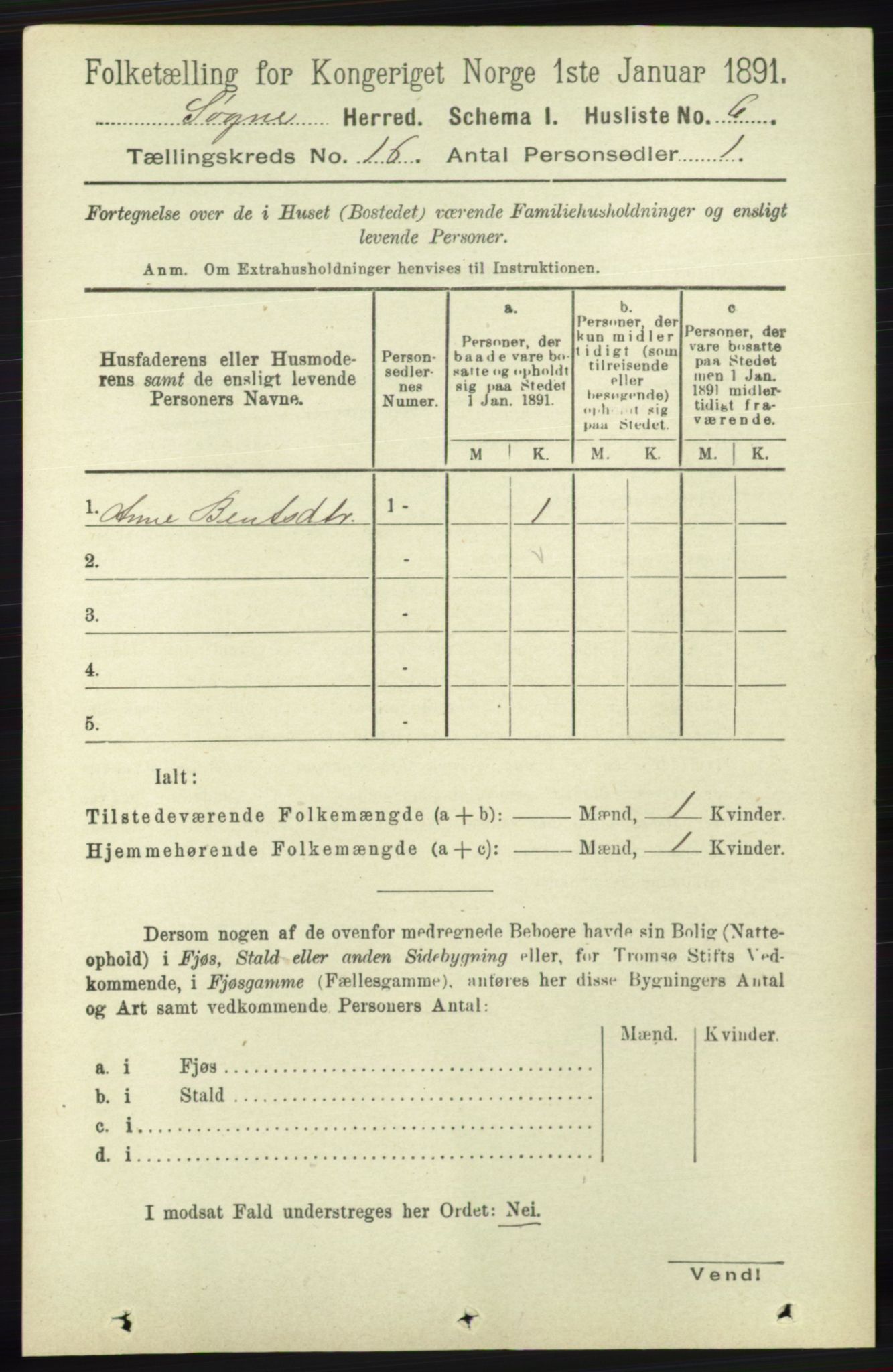 RA, 1891 census for 1018 Søgne, 1891, p. 4385