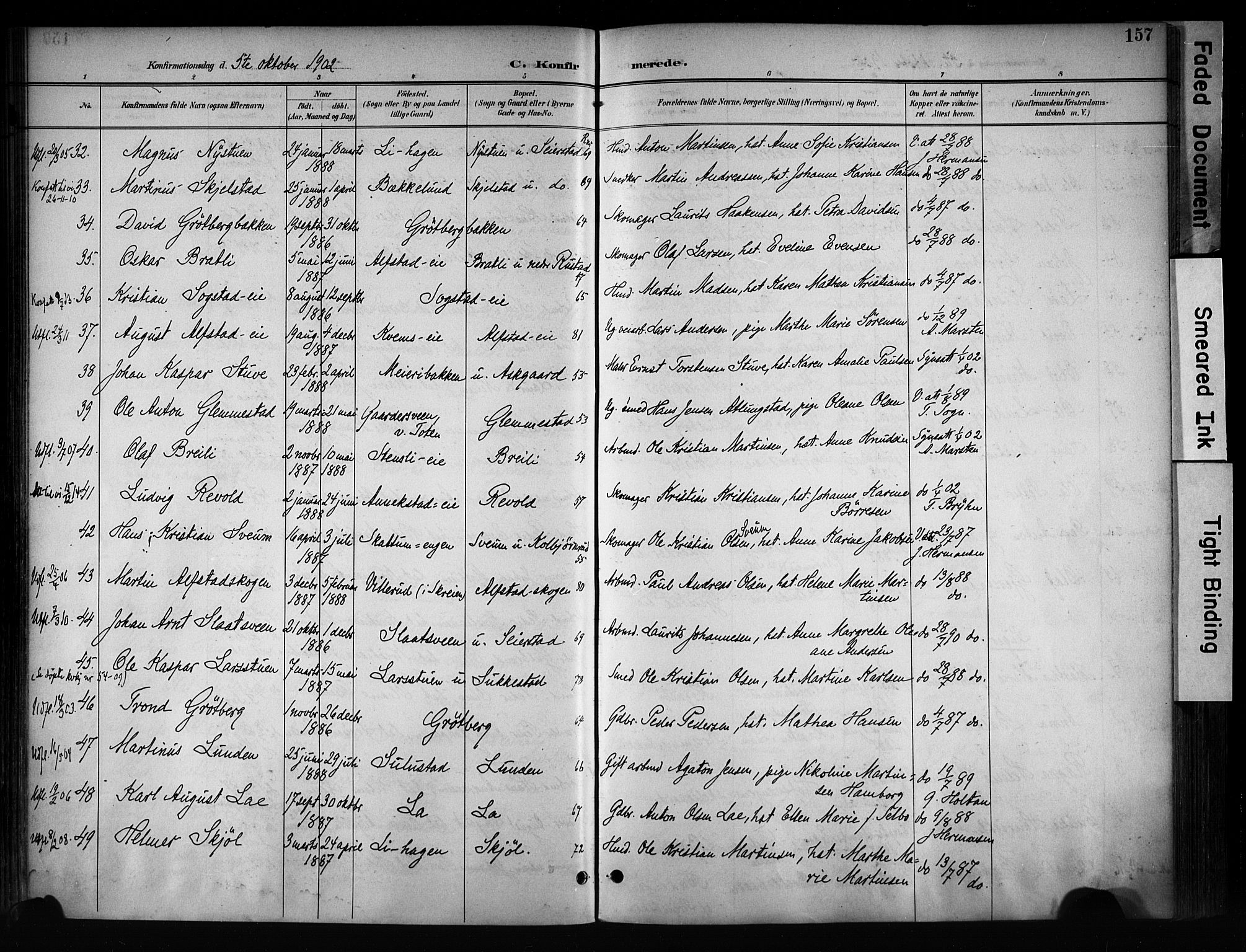 Østre Toten prestekontor, AV/SAH-PREST-104/H/Ha/Haa/L0008: Parish register (official) no. 8, 1897-1909, p. 157