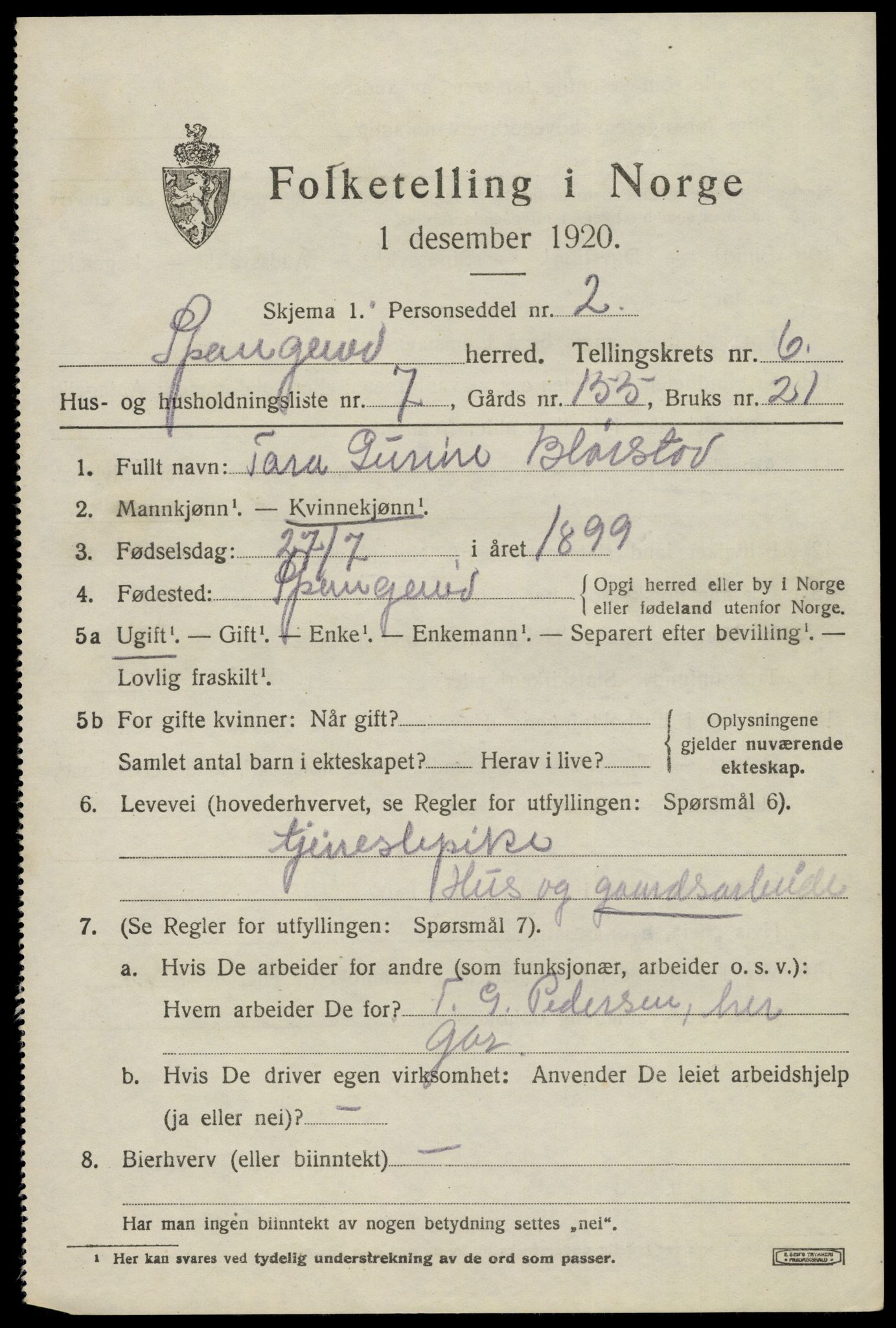 SAK, 1920 census for Spangereid, 1920, p. 2249
