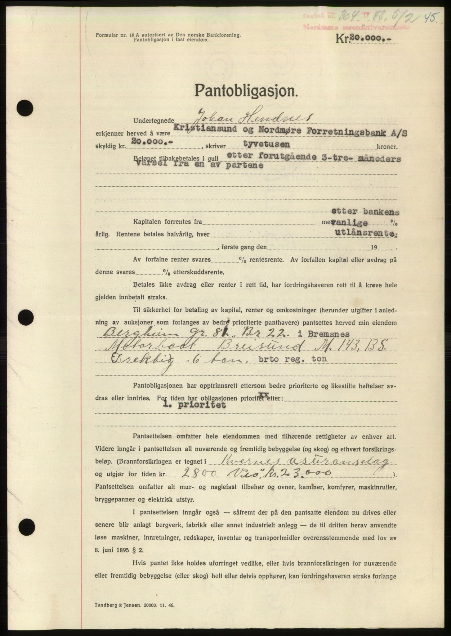 Nordmøre sorenskriveri, AV/SAT-A-4132/1/2/2Ca: Mortgage book no. B98, 1948-1948, Diary no: : 304/1948